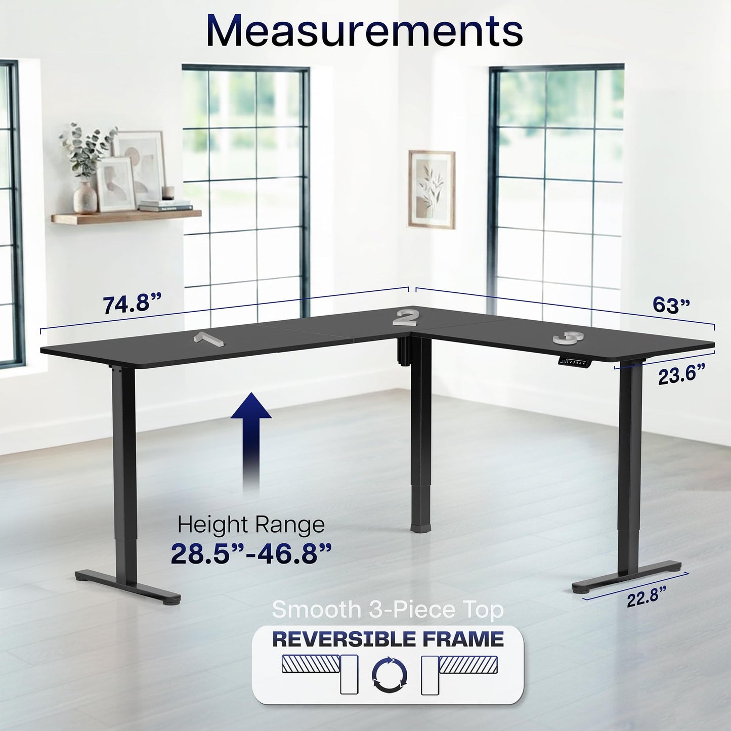 VIVO Corner Standing Desk, 75 x 63 inch Reversible L-Shaped Workstation, Electric Height Adjustment, Home, Office, and Reception Rooms, Black Table Top Black Frame, DESK-E3CTB-75