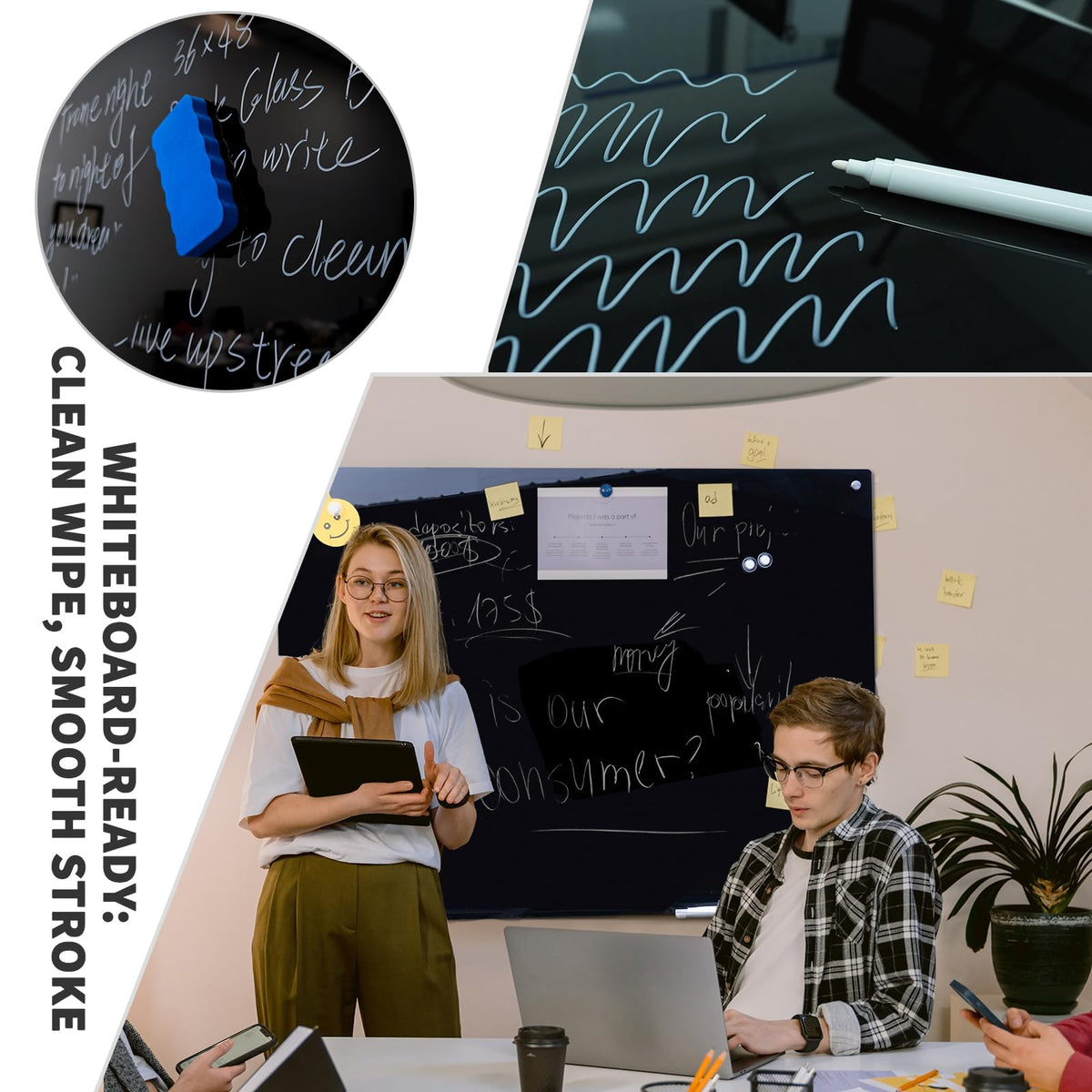 Magnetic Glass Black Board 48"x36" Glass Dry Erase Blackboard Tempered Glass Whiteboard Wall Mounted for Office School Home (Black)