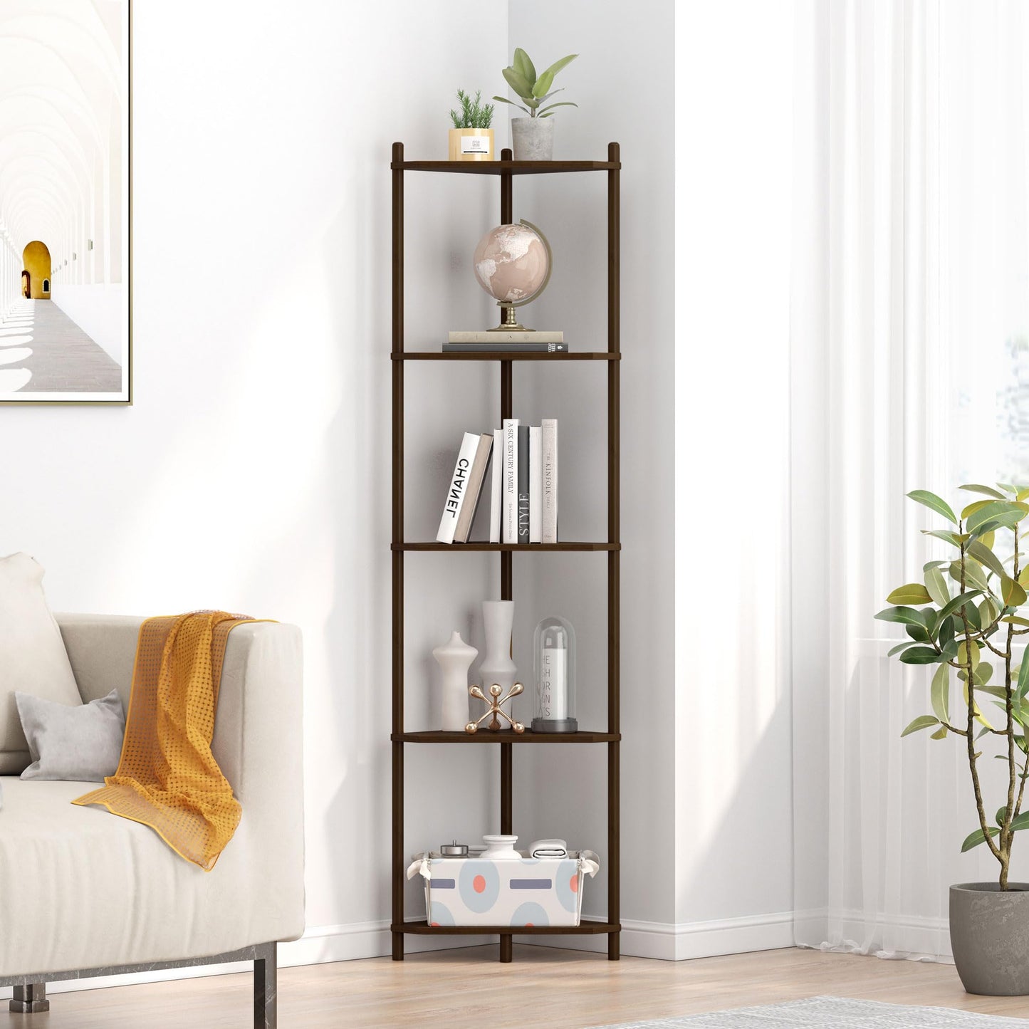 Wisuce Corner Shelf Stand - 5 Tier Walnut Bamboo Small Corner Bookshelf for Office Kitchen Bedroom Plant Stand Living Room Decor Small Space