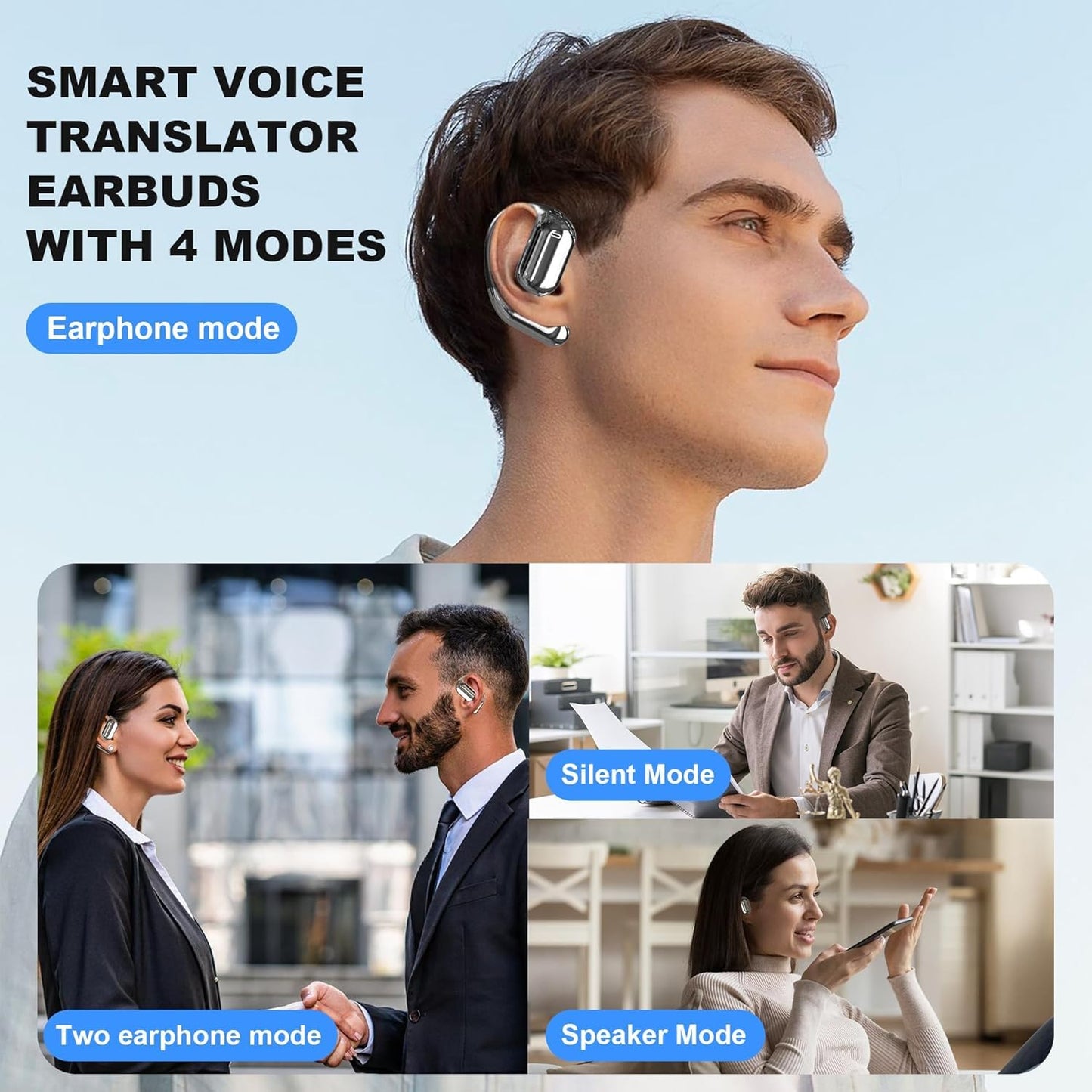 Real-Time AI Translation Earbuds, Open-Ear Audifonos Traductores Inglés Español Two-Way Translator Headphones, Bluetooth Wireless Earhooks for Business, Travel, Learning, Meetings (Light Beige)