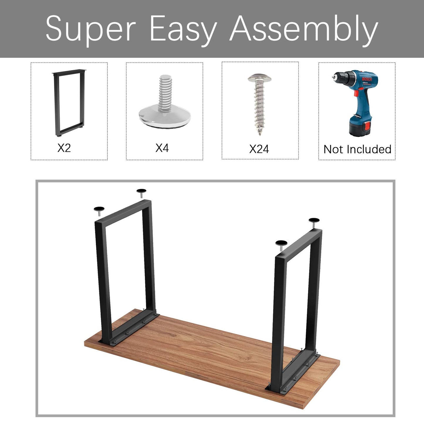 Metal Table Legs 28 inch Height x 17.7 inch Wide with Adjustable Protector Feet, Industrial & Rustic Style Heavy Duty Metal Furniture Legs for Desk/Table, (Bear Up to 800lb), Black, Set of 2