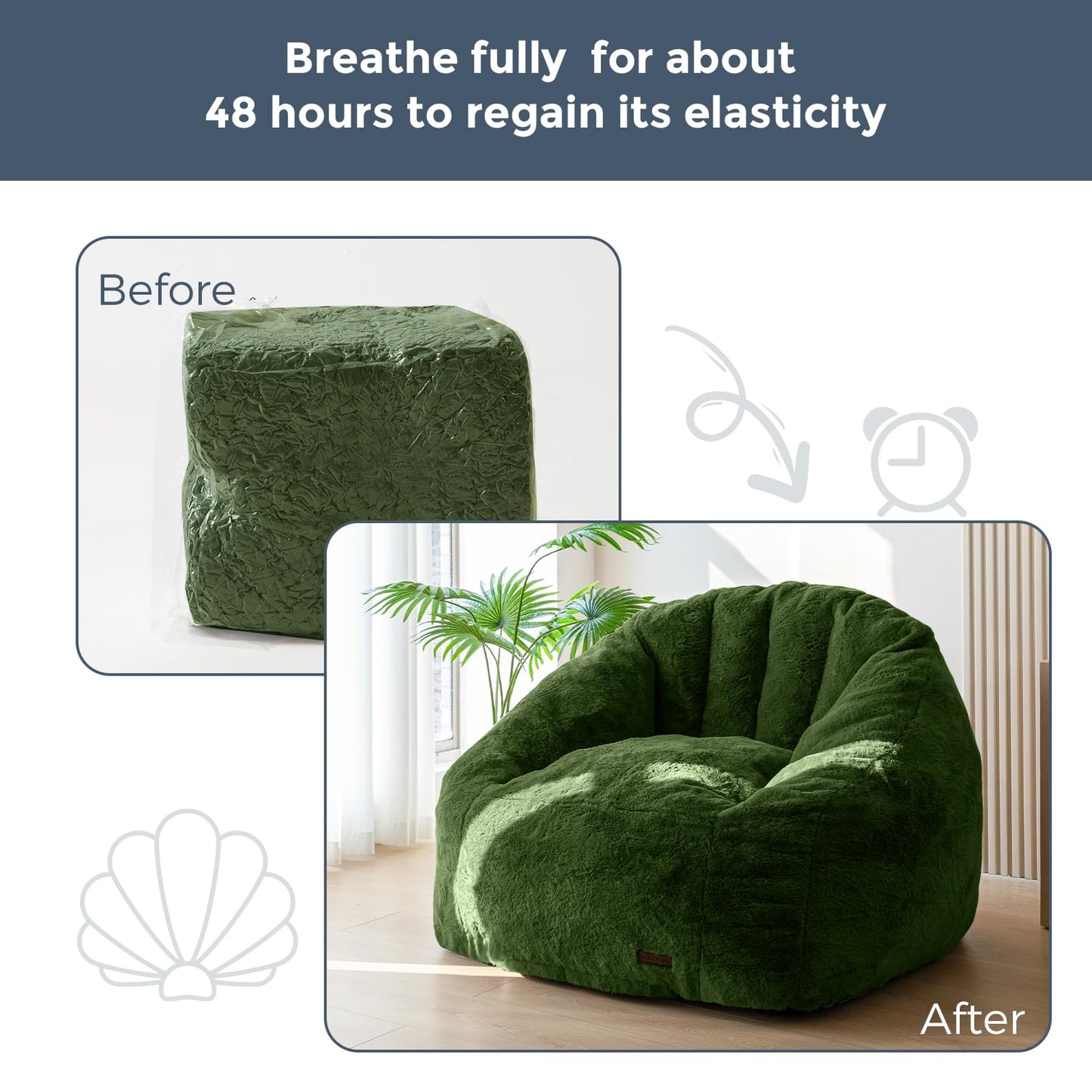 MAXYOYO Giant Bean Bag Chair, Oversized Bean Bag Couch for Adults and Kids, Faux Fur Shell-Shaped Large Chair with Filler, Stuffed Big Accent Sofa Floor Sofa for Gaming, Reading, Green