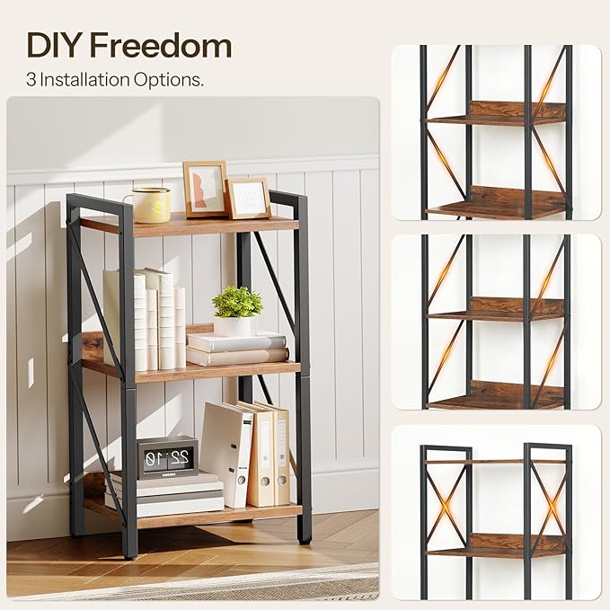 HOOBRO Bookshelf, 3-Tier Industrial Bookcase, Book Shelf Storage Organizer