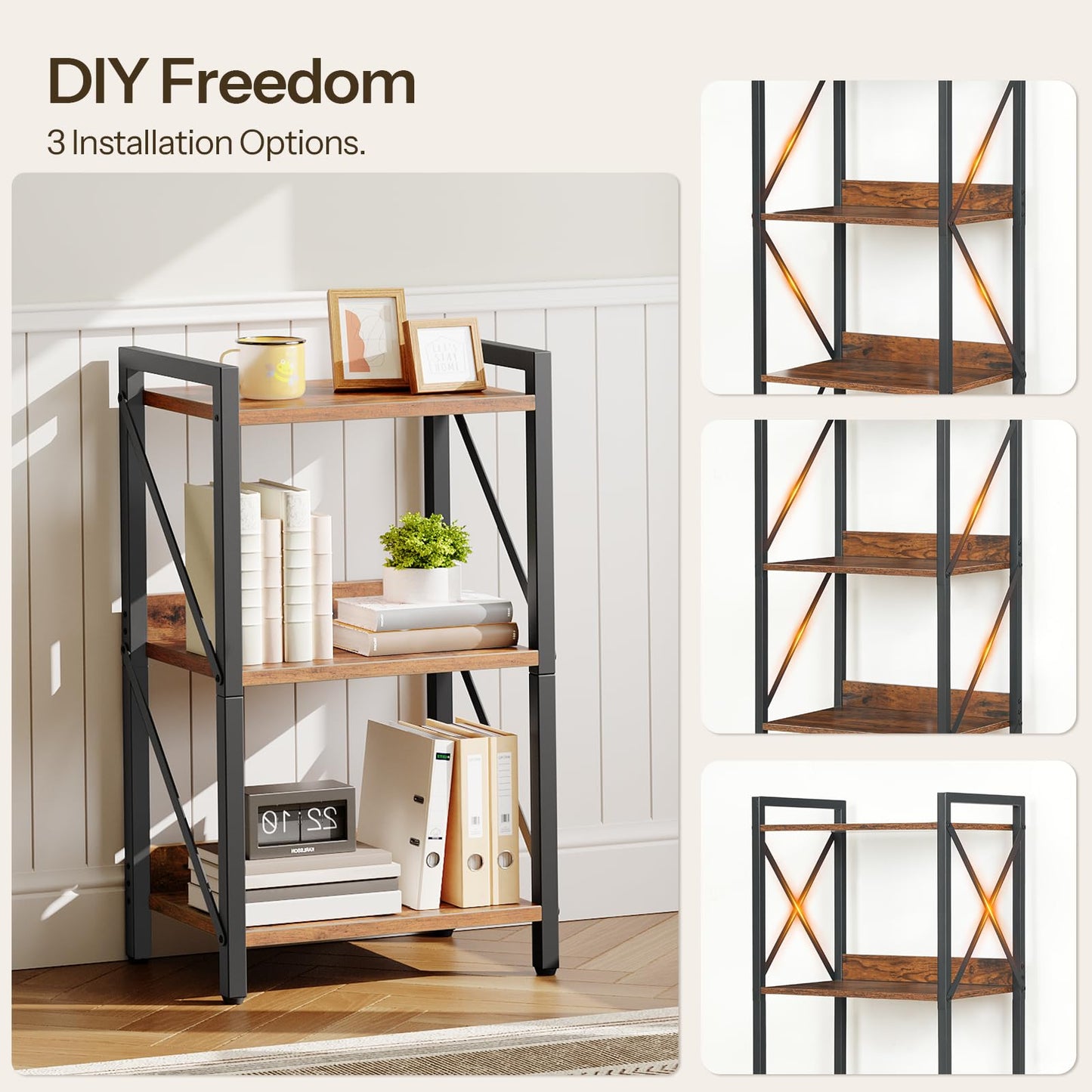 HOOBRO Bookshelf, 3-Tier Industrial Bookcase, Book Shelf Storage Organizer, Small Bookshelf with Metal Frame for Living Room, Bedroom, Home Office, Kitchen, Rustic Brown and Black BF71SJ01