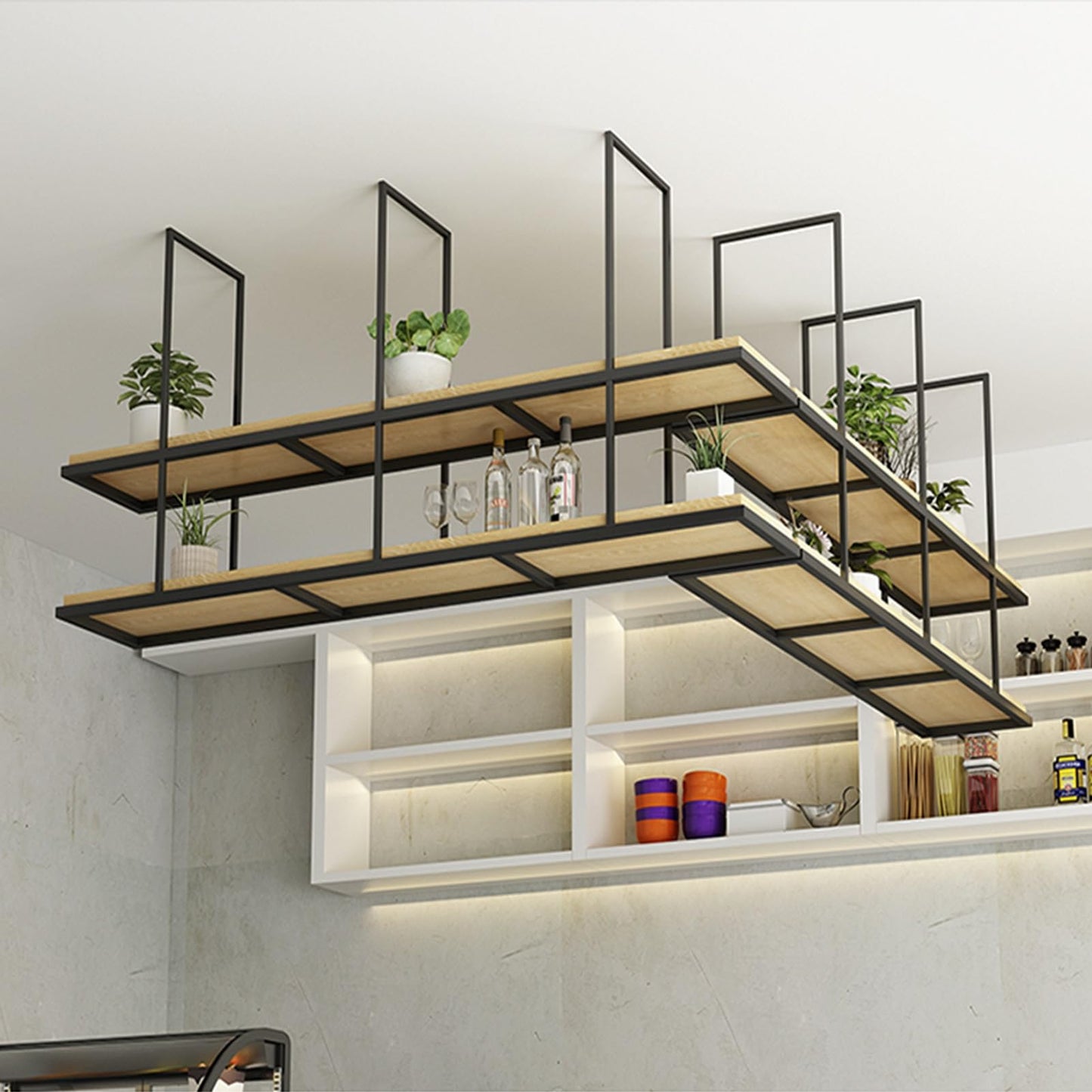 Metal Hanging Wine Rack with 2 Layer Floating Suspended Shelving for Bar Cafe Kitchen Ceiling Shelf nizer and Display Racking