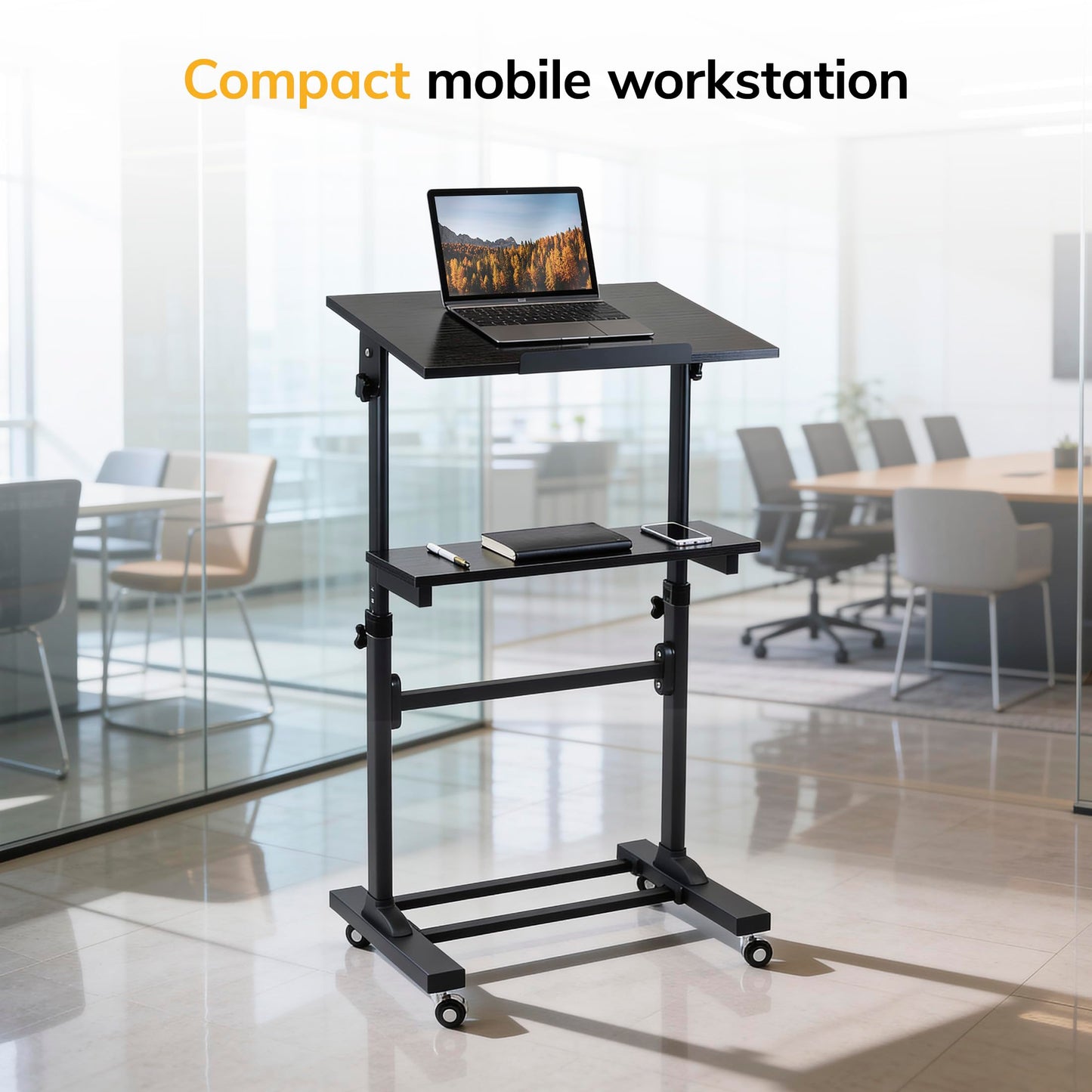 Mount-It! Portable Standing Desk with Wheels, Rolling Mobile Laptop Desk, Height Adjustable Sit Stand Workstation (41.3″–50″), Small Compact Mobile Lectern Podium for Home Office, Classroom & Training