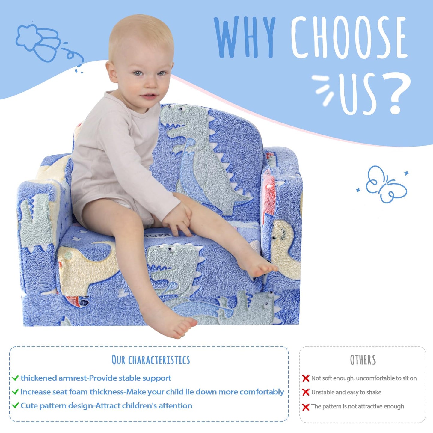 aodisman Thick Comfy Kids Chair and Couch, 2-in-1 Soft Foldable Plush Kids Sofa, Foam Seating for Reading and Play, Removable Washable Cover, Blue Dinosaur