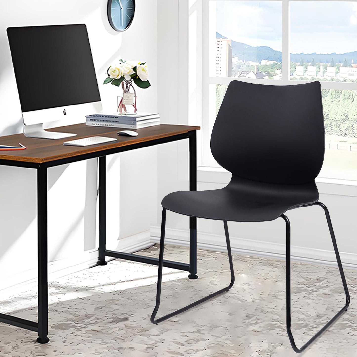 KLASIKA Stackable Waiting Room Chair, Stacking Office Chair with Ergonomic Lumbar Support and Metal Legs, Plastic Desk Chairs for Conference School Church Guest Reception Set of 4, Black