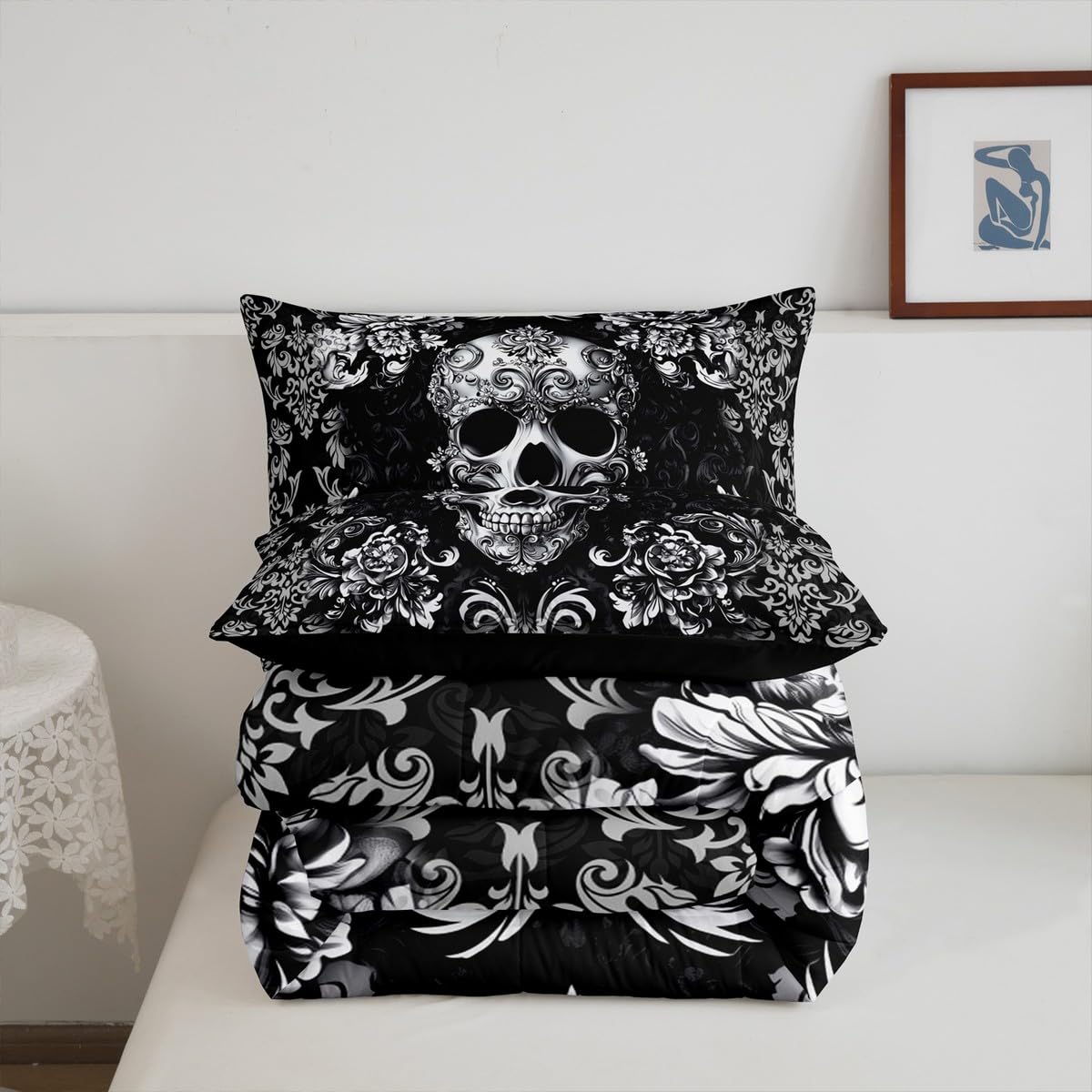 Castle Fairy Sugar Skull Duvet Cover Set Twin Size for Kids Teens Boys,Damask Floral Bedding Sets Girls Women Gothic Style Room Decor,Black Grey Ombre Flower Quilted Duvet 2Pcs 1 Pillowcase