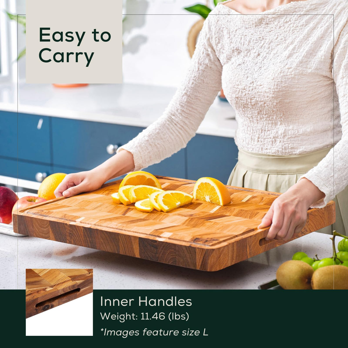 EZ FURNITURE Extra Large (XL) Teak Edge Grain Cutting Board, Reversible, Knife-Friendly Charcuterie Butcher Block, Juice Groove & Handles, Non-Toxic, Gift Box Included (Herringbone, 24" x 18" x 1.5")