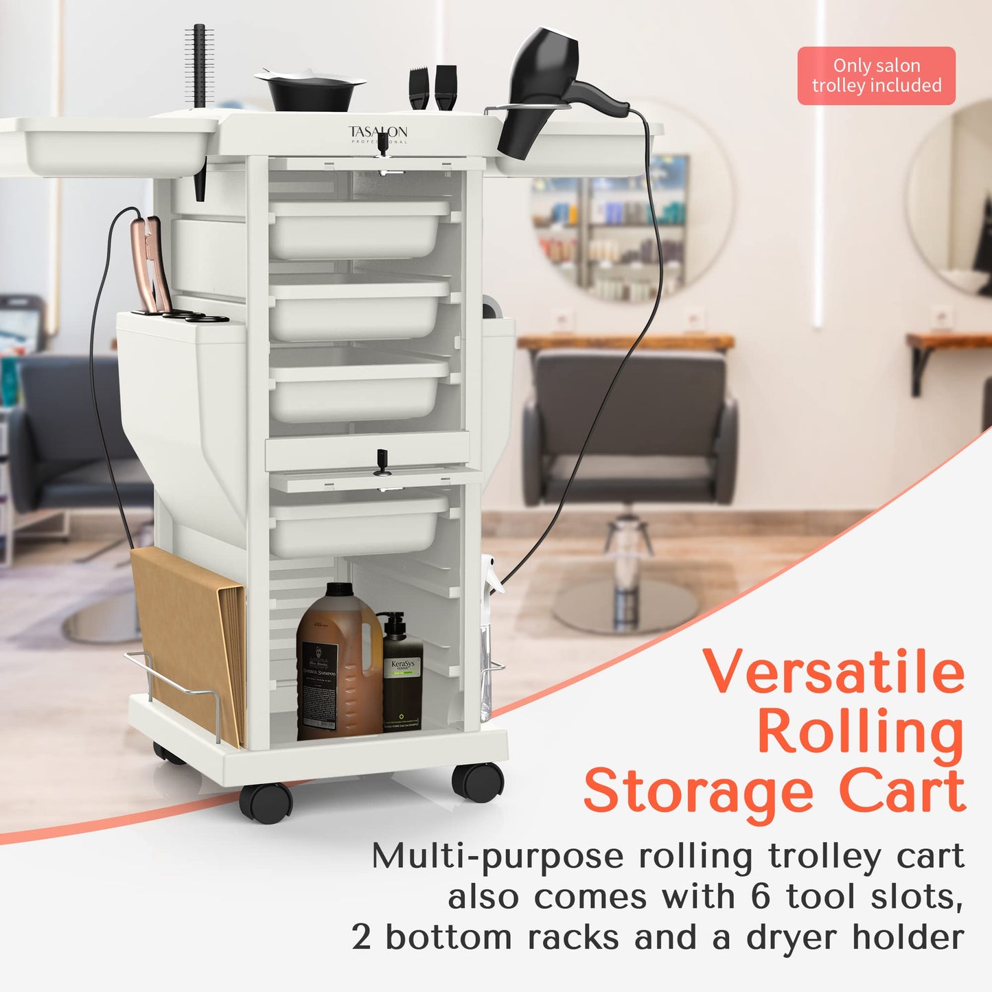 TASALON Salon Trolley Cart with Lock, 6 Lockable Trays + 2 Holders, Rolling Storage Cart for Hair Salon, Beauty, Barber Station - White