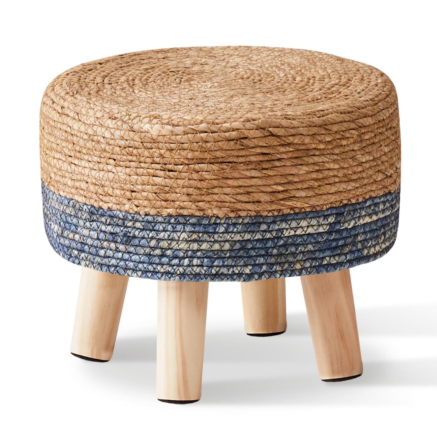 Cpintltr Foot Stool Natural Seagrass Hand Weave Poufs Round Ottoman for Couch Desk Soft Step Stool Padded Foot Rest with Non-Skid Pine Legs for Hallway Office Lounge Natural/Blue