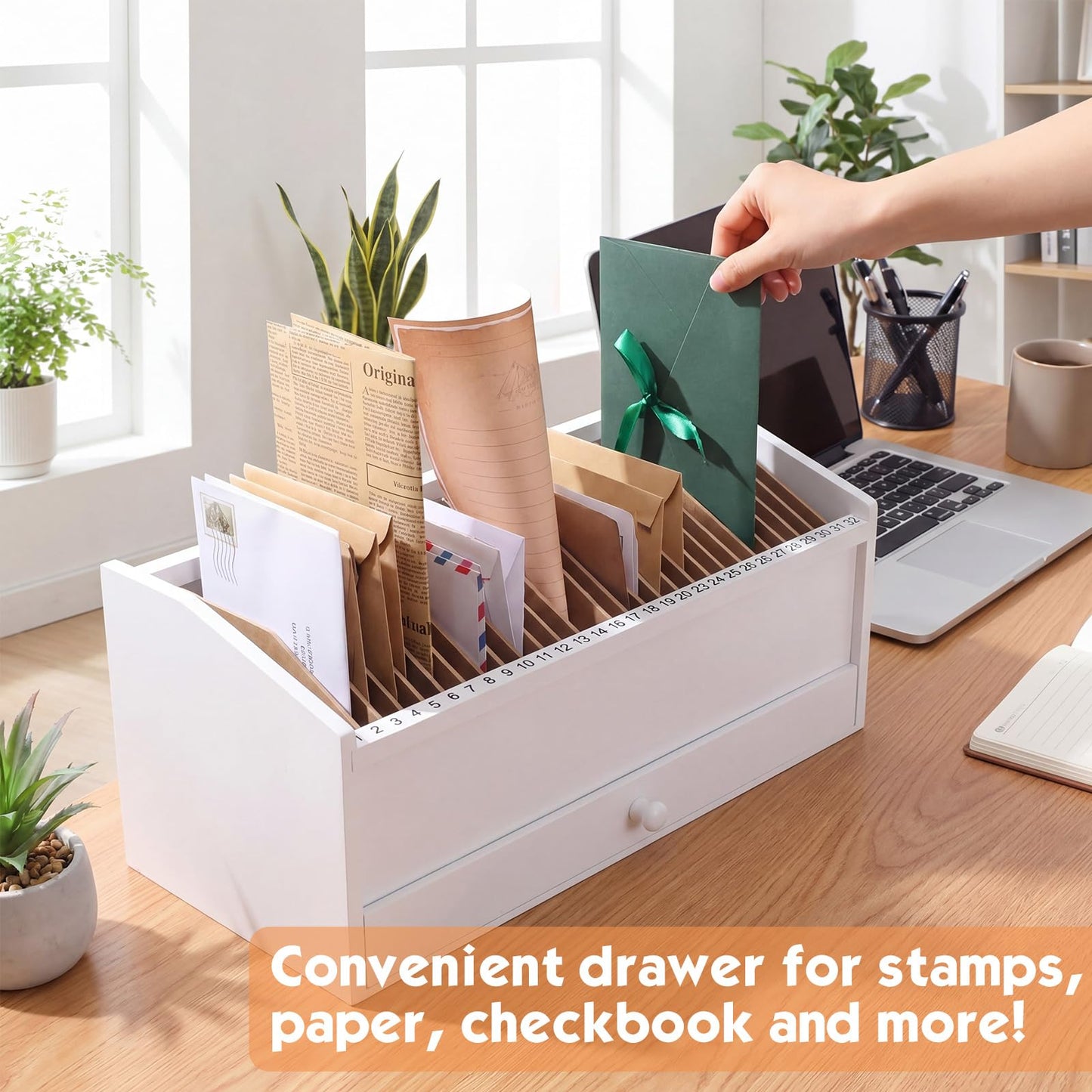Teecyhooo Wood Desktop Organizer with Drawer, 17 Inch 32 Section Bill & Mail & File Organizer Storage for Office Desk, Desktop Mail Holder and Office Supplies Storage, Letter and Paper Sorter (White)