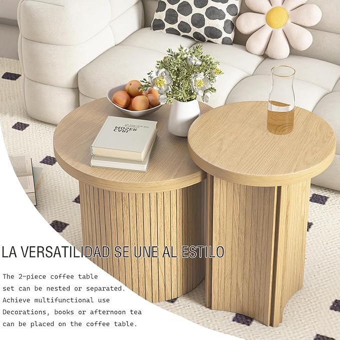 Set of 2 Nesting Coffee Tables Farmhouse, Round Coffee Tables Living Room