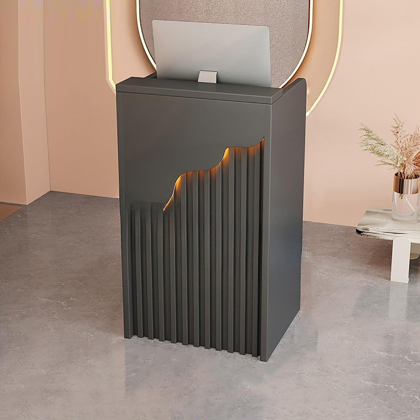 Reception Desk Counter Table - L-Shaped Cashier Front Desk, Wooden Design with Open Shelves & Drawers, Modern Retail Counter for Supermarkets, Convenience Stores & Hotels