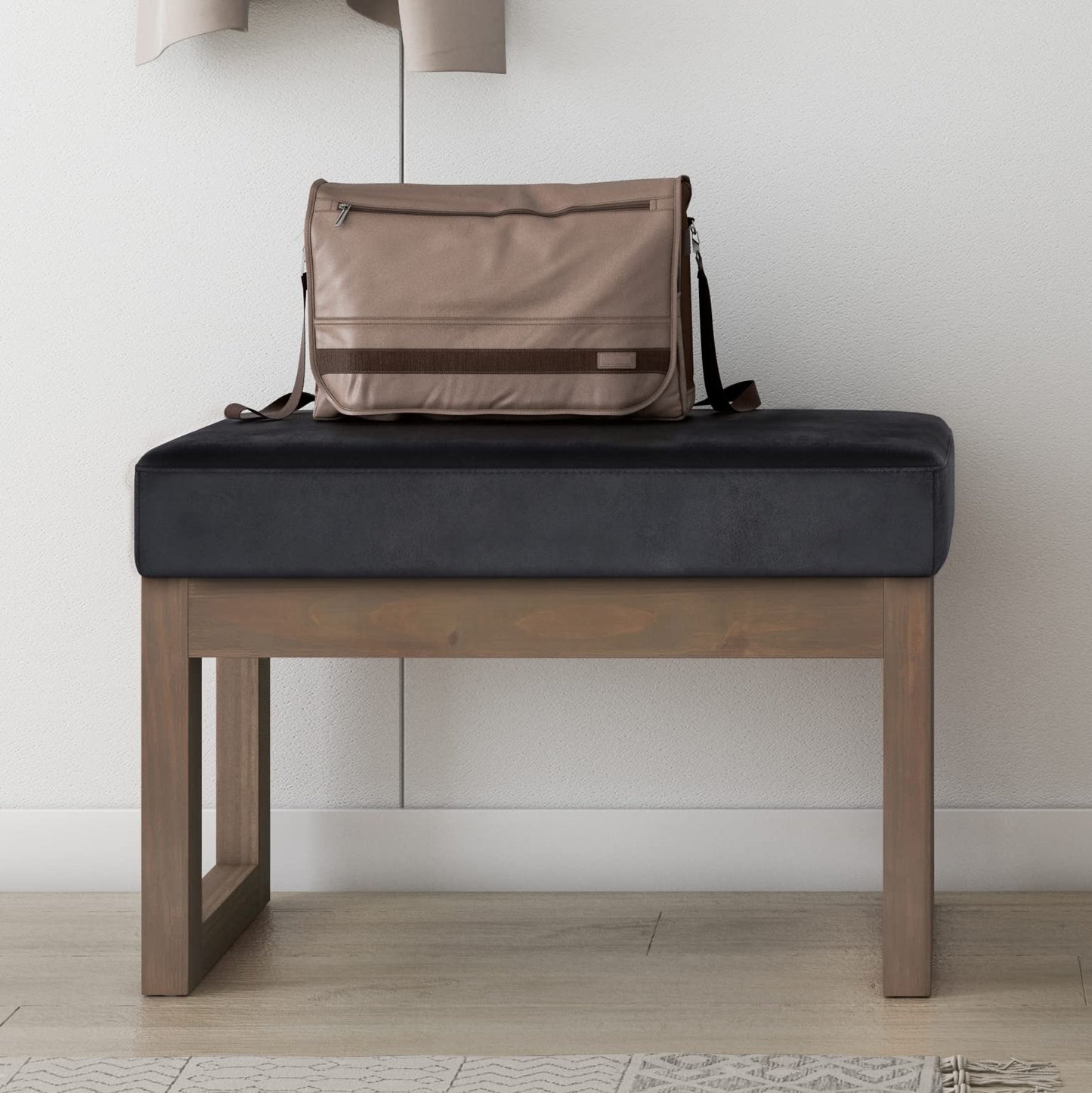 SIMPLIHOME Milltown Small Ottoman Bench - 27" Wide x 18" High Upholstered Vegan Leather Rectangle Footstool Ottoman in Distressed Black, Contemporary Bench for Bedroom with Cushioned Seat, Assembled