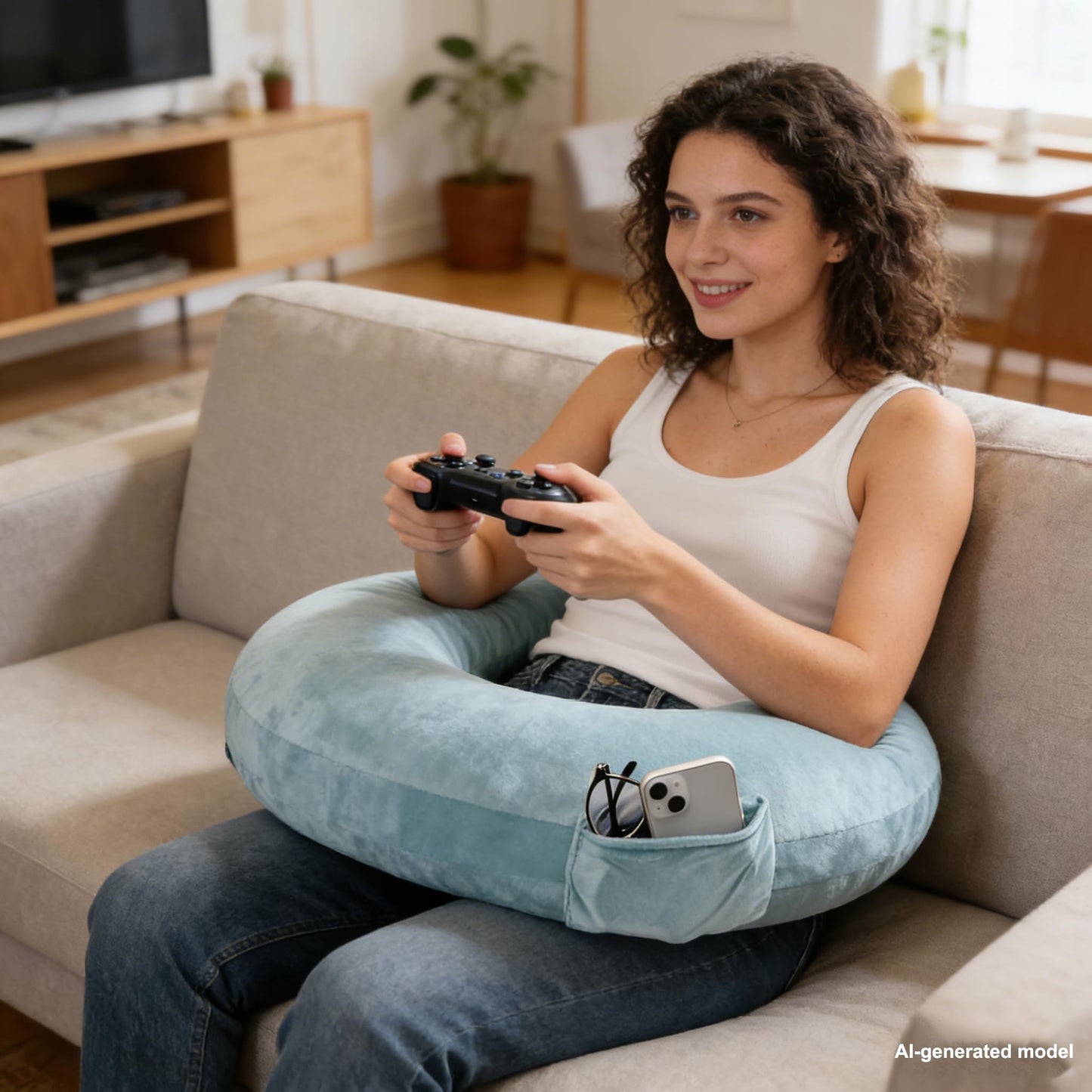 YFYDSMAO Reading Gaming Pillow,Crochet Pillows for Lap Support with Dual Side Pockets, Soft U-Shaped Lap Pillow for Bed Sofa Crocheting,Green