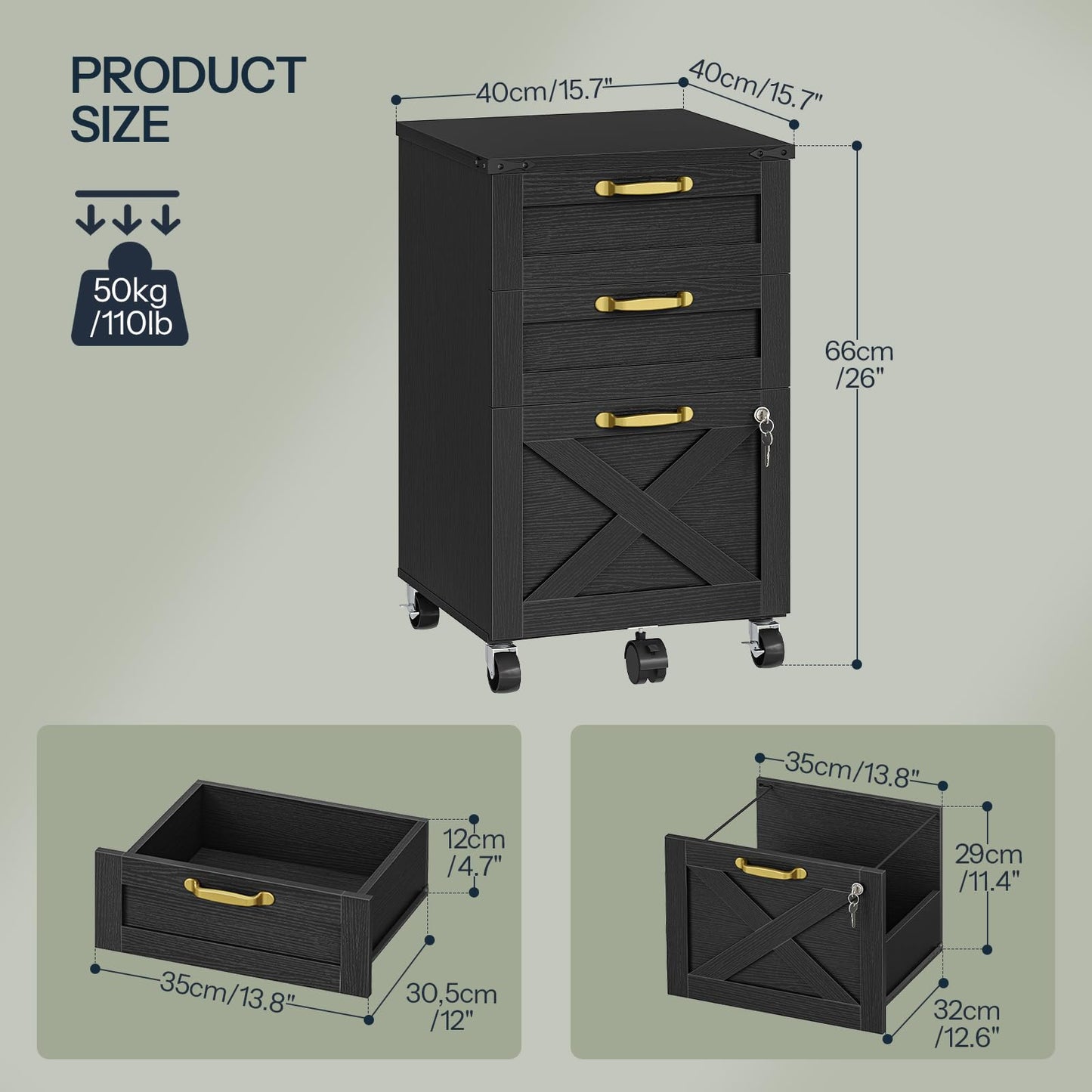 HOOBRO 3 Drawer File Cabinet with Lock, Mobile Farmhouse Filing Cabinet for A4/Letter Size, Under Desk Rolling Office Cabinet, Printer Stand with Storage for Home Office, Black BK67WJ01
