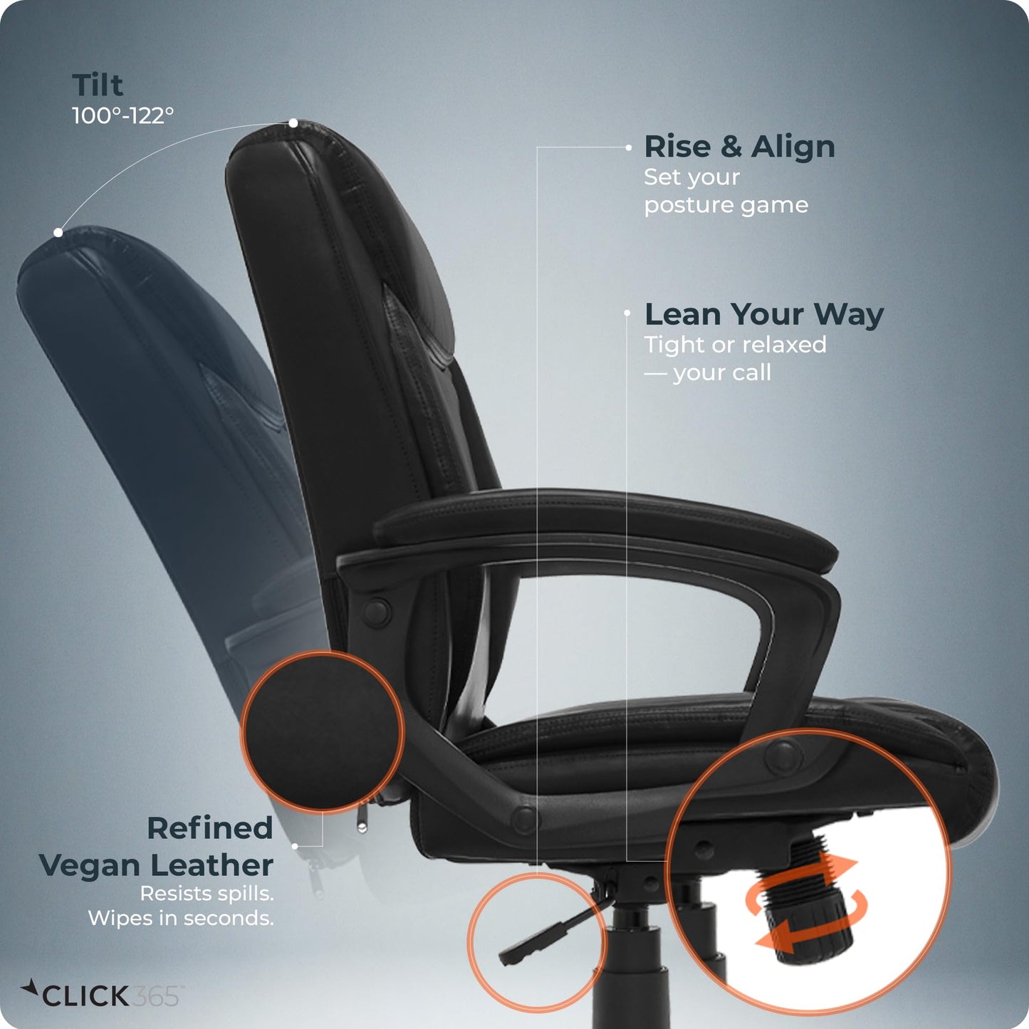 Click365 Transform 1.0 Ergonomic Office Chair, Mid Back Desk Chair with Padded Arms, Lumbar Support, Adjustable Height, Tilt Recline, Swivel Computer Chair, Bonded Leather, Black