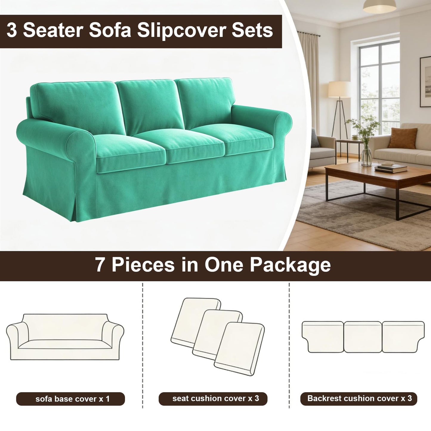 Velvet Pet-Friendly Replacement Sofa Cover Compatible for IKEA Ektorp 3 Seat Sofa Slipcovers, Couch Cover Only, 7-Piece Slipcover, Cyan, Couch Cover Not Include The Sofa Body