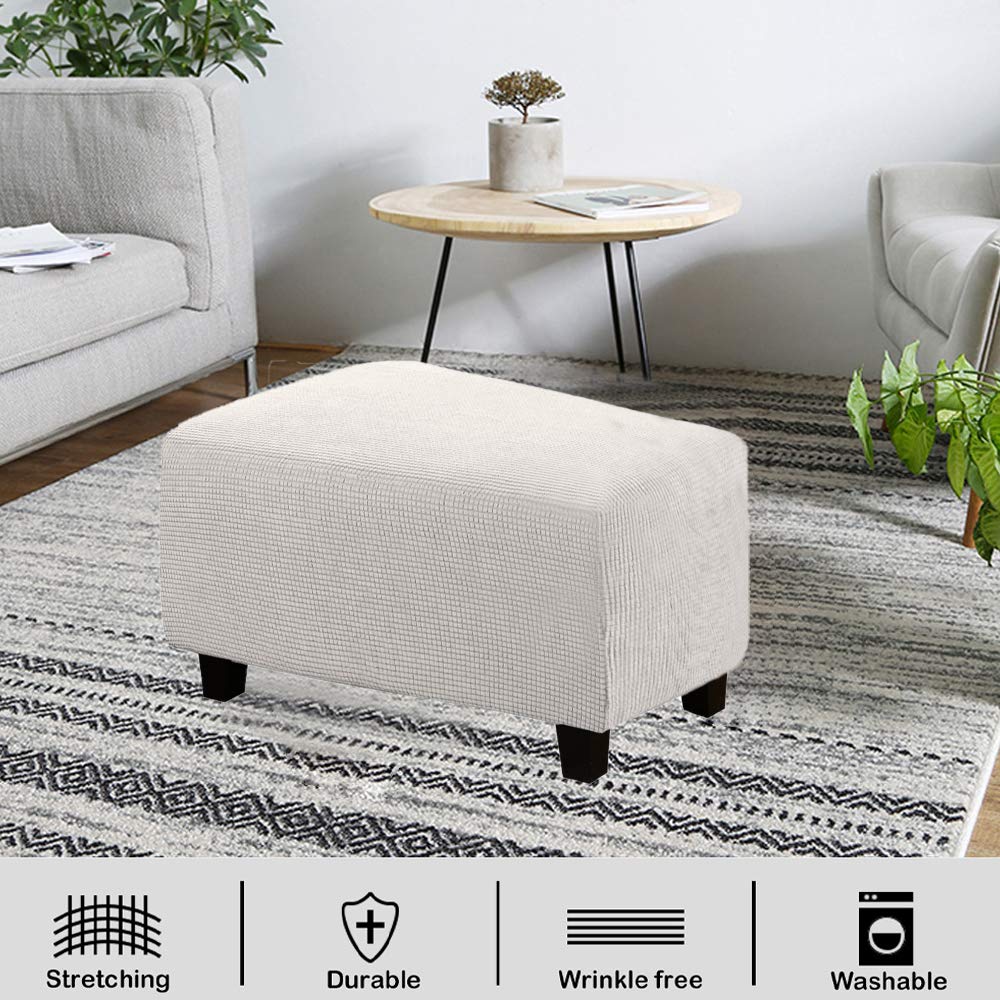 VIENLOVE Rectangle Ottoman Slipcover Polyester Blend Footstool Protector Covers Stretch with Elastic Bottom Feature Textured Machine Washable Jacquard Fabric (Ivory, Large)