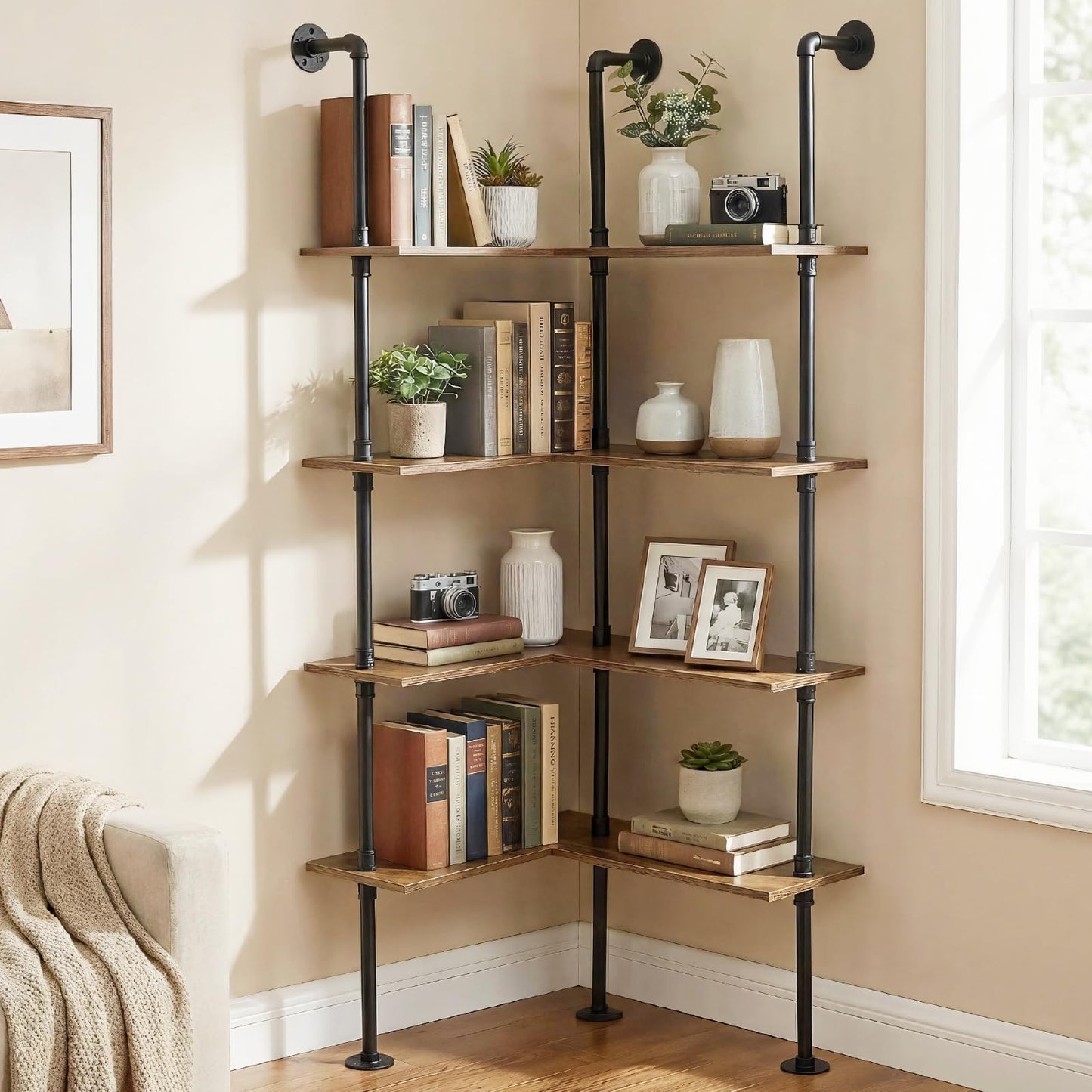 DOFURNILIM Industrial Pipe Corner Bookshelf, Wall Wooden Bookcase with Open Shelves, L Shaped Ladder Pipe Pantry Shelving for Living Room, Bedroom, Home, Office, 4 Tiers