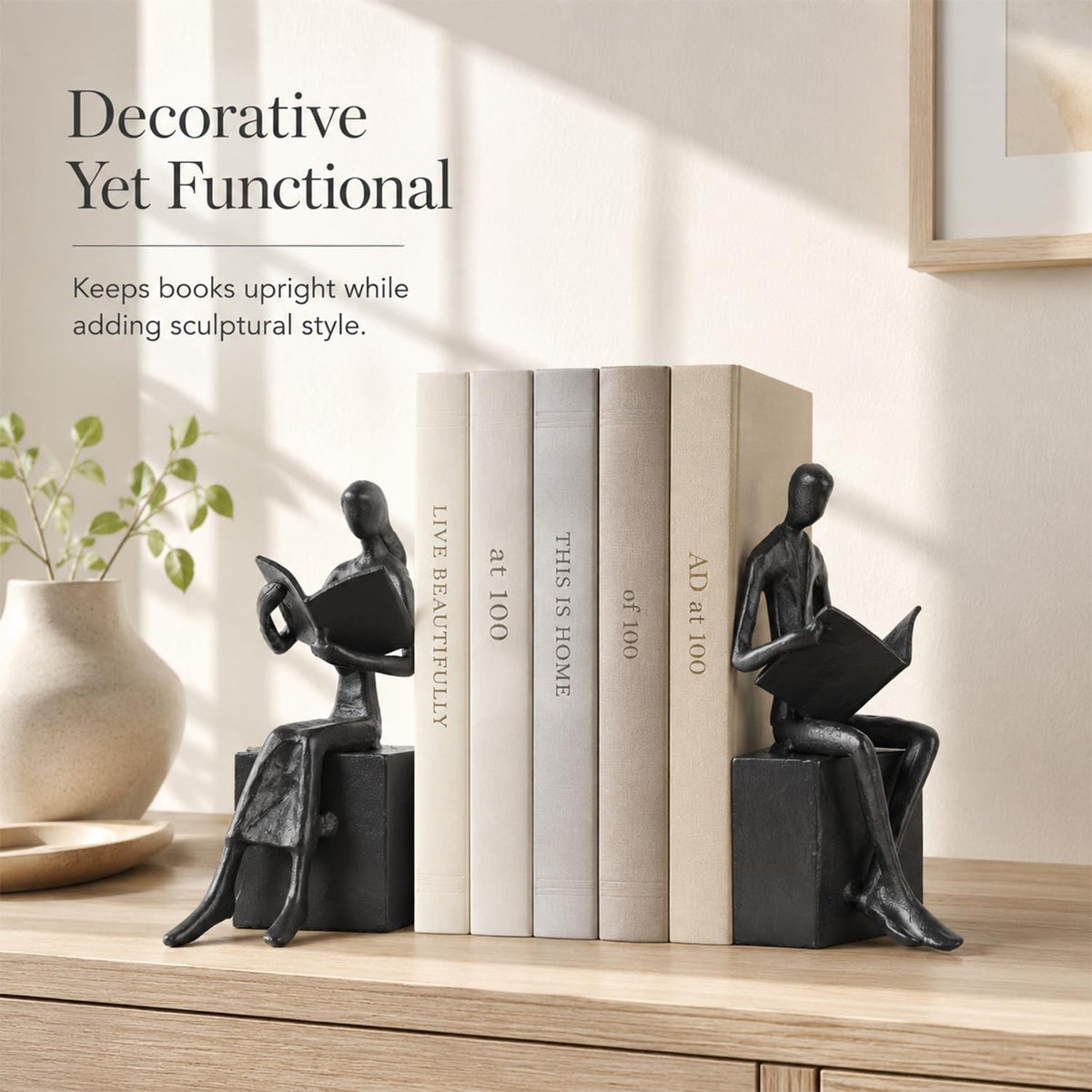Iron Decorative Bookends for Heavy Books, Black Reading Couple Book Ends Decorative, Metal Thinker Bookends for Shelves Shelf Bookshelf Books Home Office Aesthetic or Book Lovers Gifts