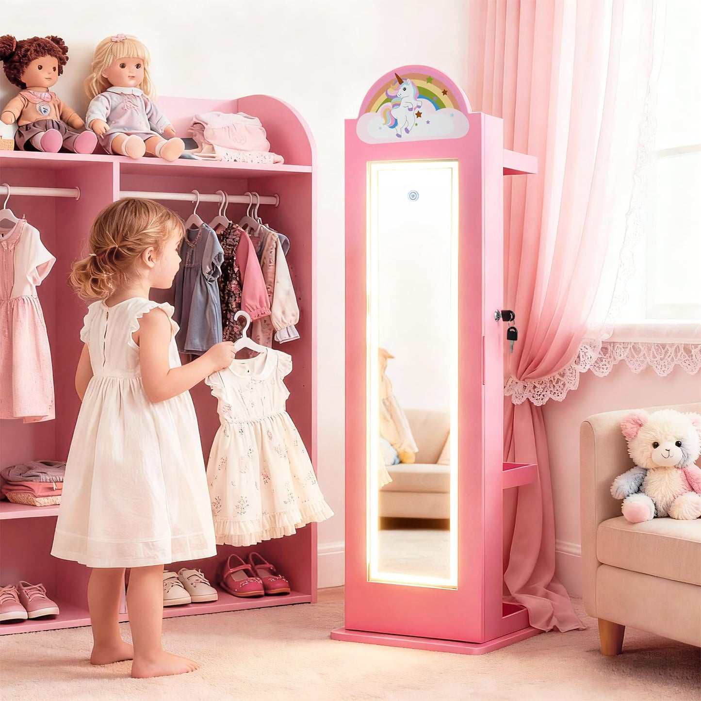 INFANS Kids Jewelry Armoire Cabinet with LED Lights, Lockable Standing Organizer with Full-length Mirror, Unicorn Theme Children Vanity Dress Up Storage Rack for Girls