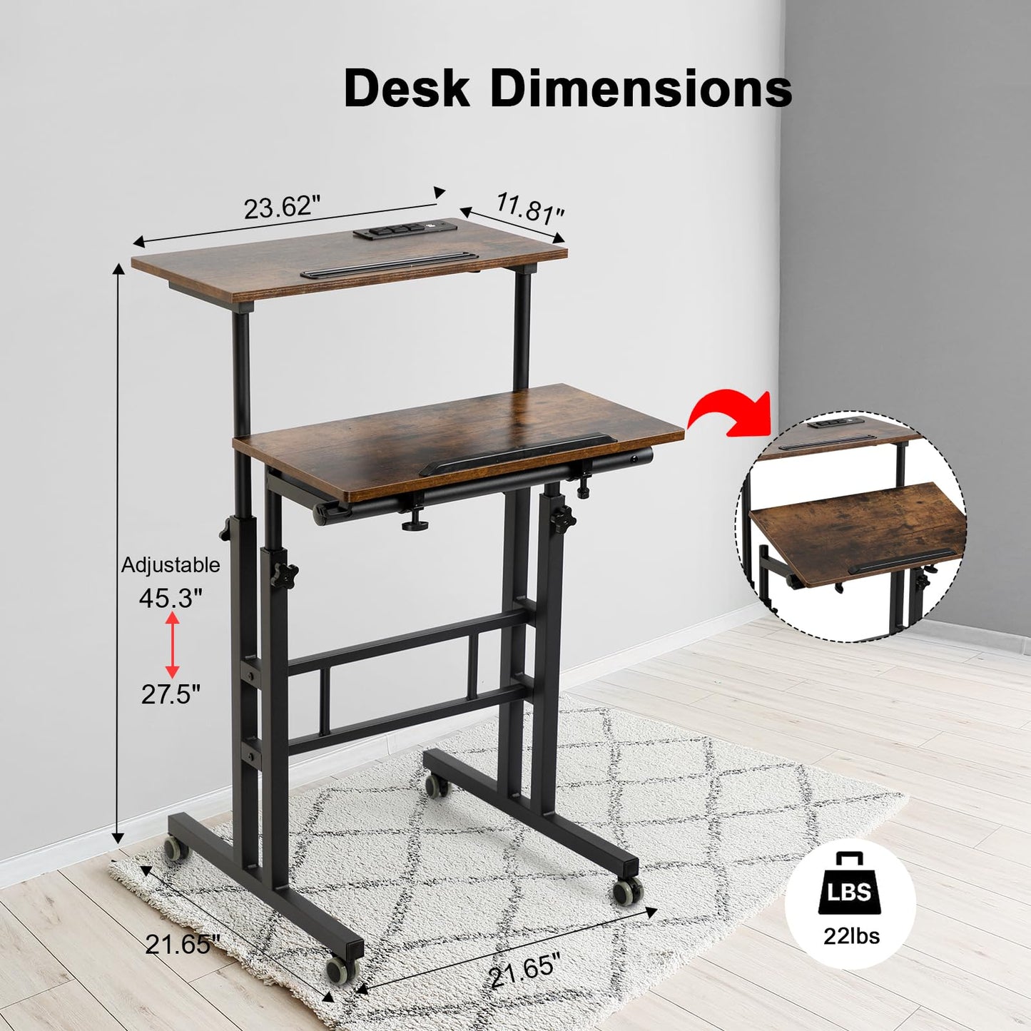 Hadulcet Mobile Standing Desk with Wheels, Rolling Desk Adjustable Height, Portable Laptop Table with Charging Station, Sit Stand up for Home Office, Study, Classroom, Rustic Brown