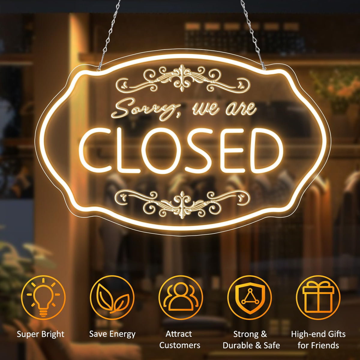 LED Neon Closed Sign for Business, 16.5x10'' Sorry We’re Closed Signs, Warm White Adjustable Brightness Neon Lights for Party, Bar, Salon, Stores, Hotel, Wall Decor, Clubs, office, Hotels