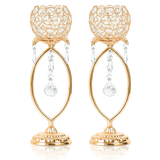 kehail 2 Pcs Gold Elegant Metal Crystal Tea Light Candle Holders with Bling Crystal Pendants, Hollow Design - Wedding Table Centerpieces for Anniversary Birthday Party, Home Decor