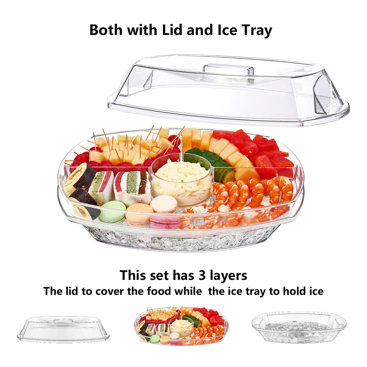 INNOVATIVE LIFE Appetizer Serving Tray on Ice, 15 Inch Party Platter with 4 Ice Cube Tray, Kitchen Chilled Food Bowl with Compartment and Lids for Shrimp, Fruits, Vegetables, Salads, Sushi, Clear