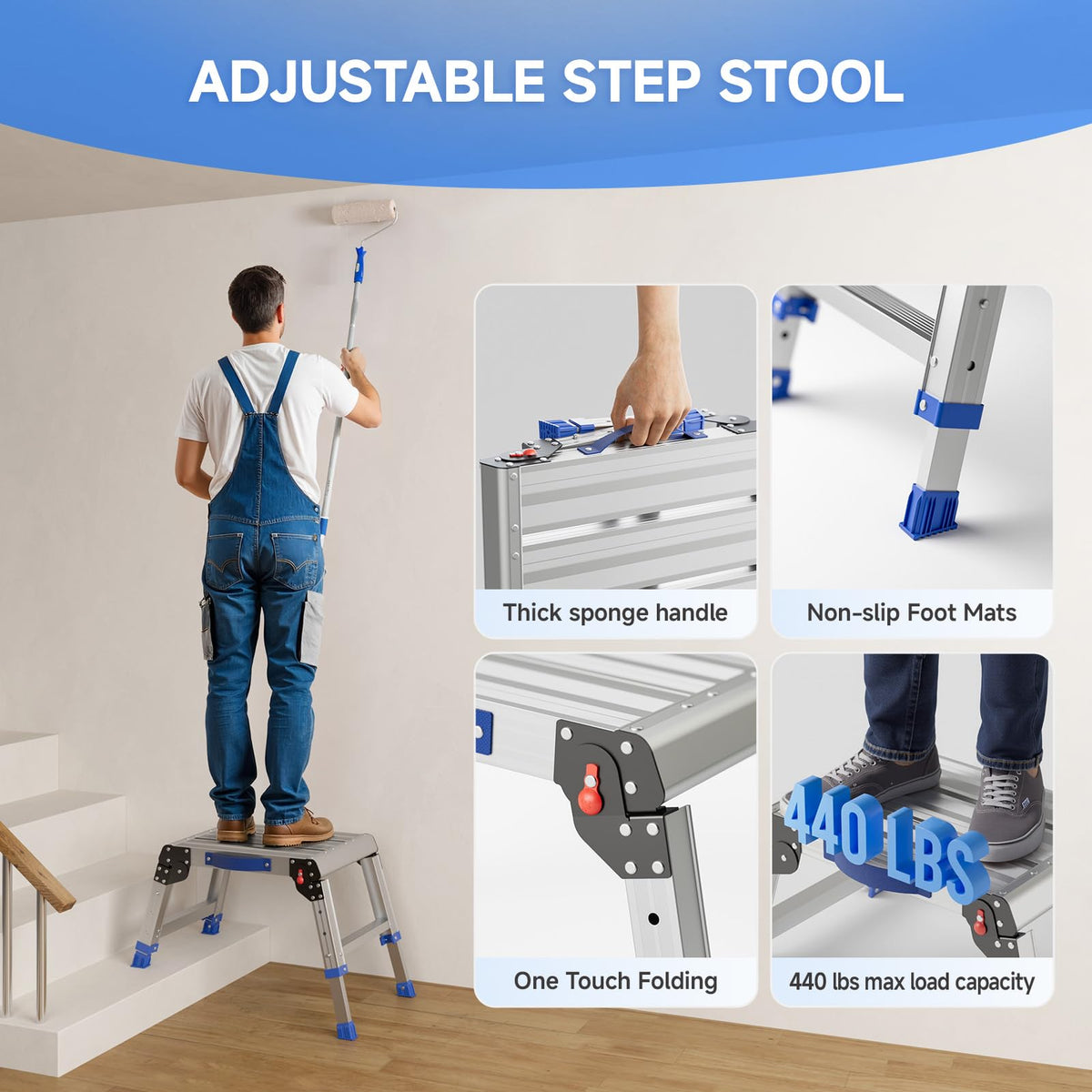 Loyoda Folding Step Stool for Adults, Aluminum Work Platform Adjustable Height, Lightweight and Durable Portable Outdoor Aluminum Step Stool Foldable, Maximum Load Capacity of 440 Pounds.