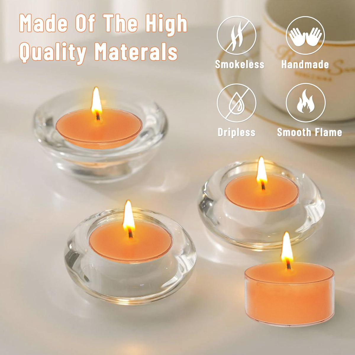 Orange Scented Tea Lights - Handmade Small Round Candles in Transparent Cups, Clean Burning Smokeless 4-Hour Burn, Perfect for Fall Decor, Thanksgiving & Cozy Evenings