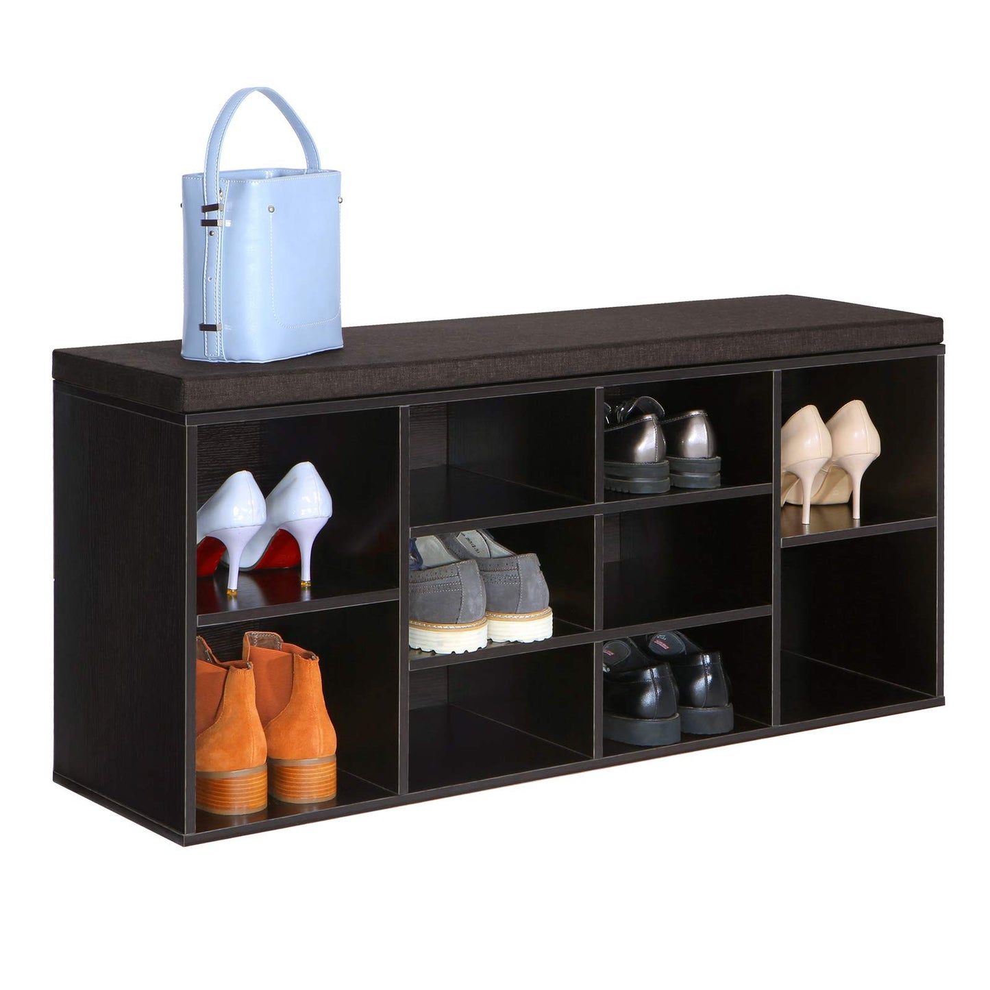 VASAGLE CUSTOS Collection - Shoe Bench, Storage Bench with Padded Seat, Entryway Bench with 10 Compartments, for Bedroom, 11.8 x 40.9 x 18.9 Inches, Espresso Brown and Chestnut Brown ULHS10BR