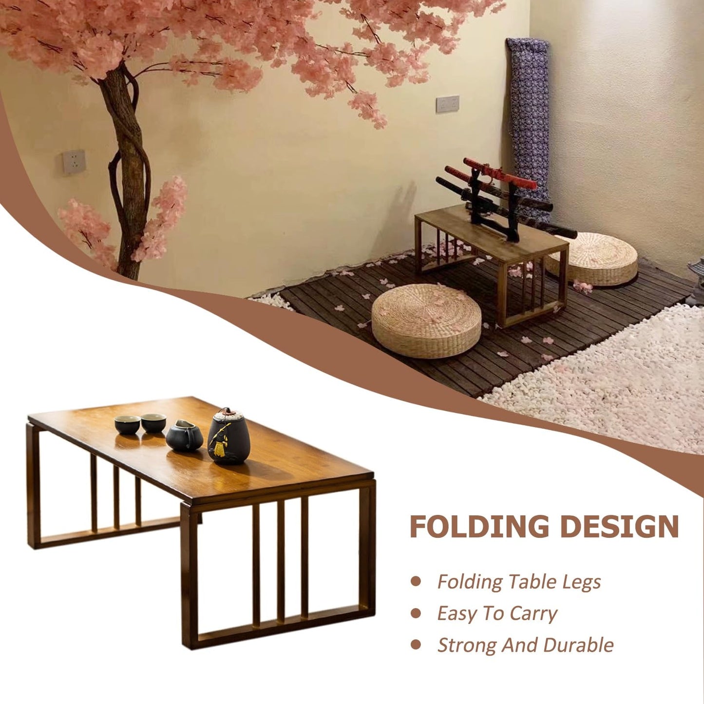 GHHDPXM Japanese Style Bamboo Folding Coffee Table - 70cm Zen Centerpiece for Home, Meditation, and Picnics - Elegant, Durable Table for Tranquil Spaces