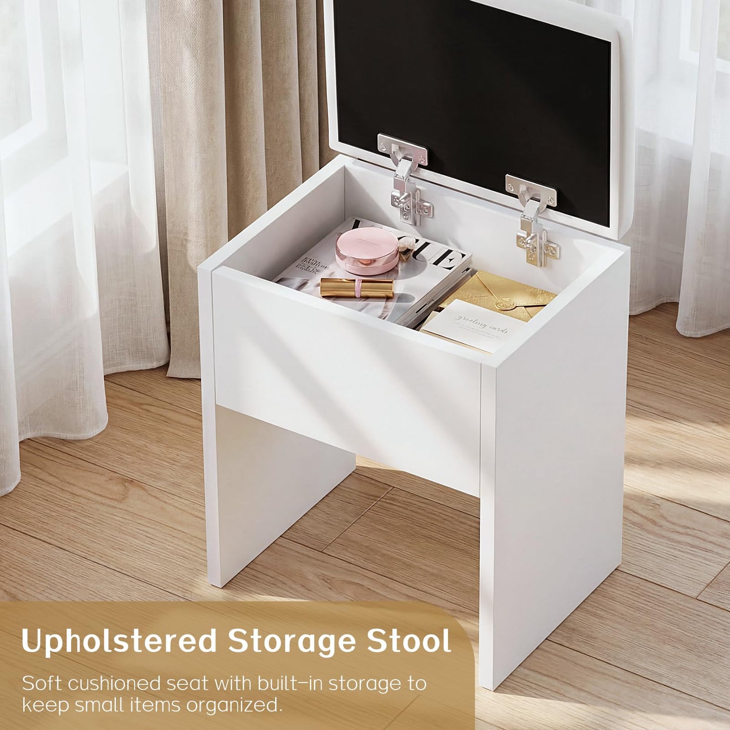 Haewon Vanity Desk with LED Lighted Mirror and Power Outlet, Makeup Vanity Table with 3 Lighting Modes, Vanity Desk Set with 4 Drawers and Storage Chair for Bedroom, White
