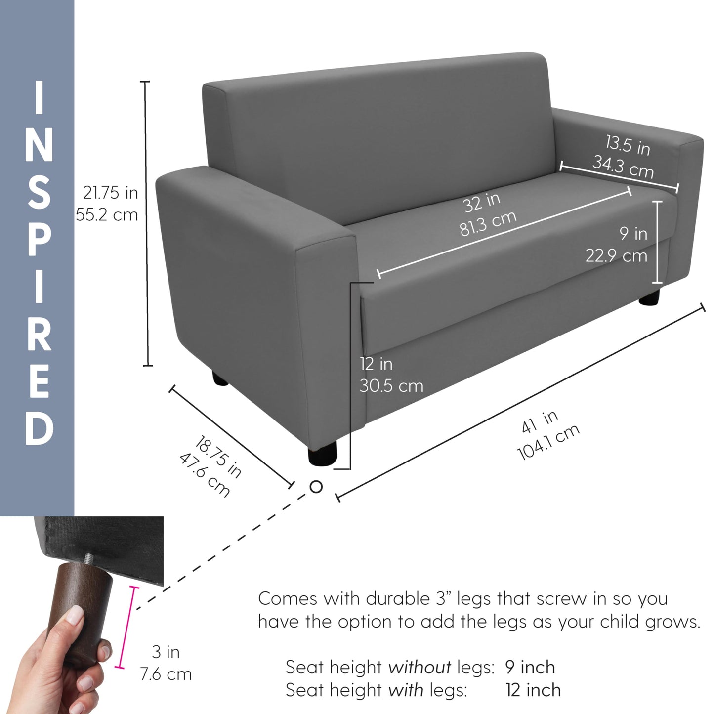 Factory Direct Partners SoftScape Inspired Playtime Classic Reading Sofa, Children's Commercial-Grade Upholstered Furniture for Home, Daycare, Preschool, Library Comfy Modern Design - Grey, 14473-GY