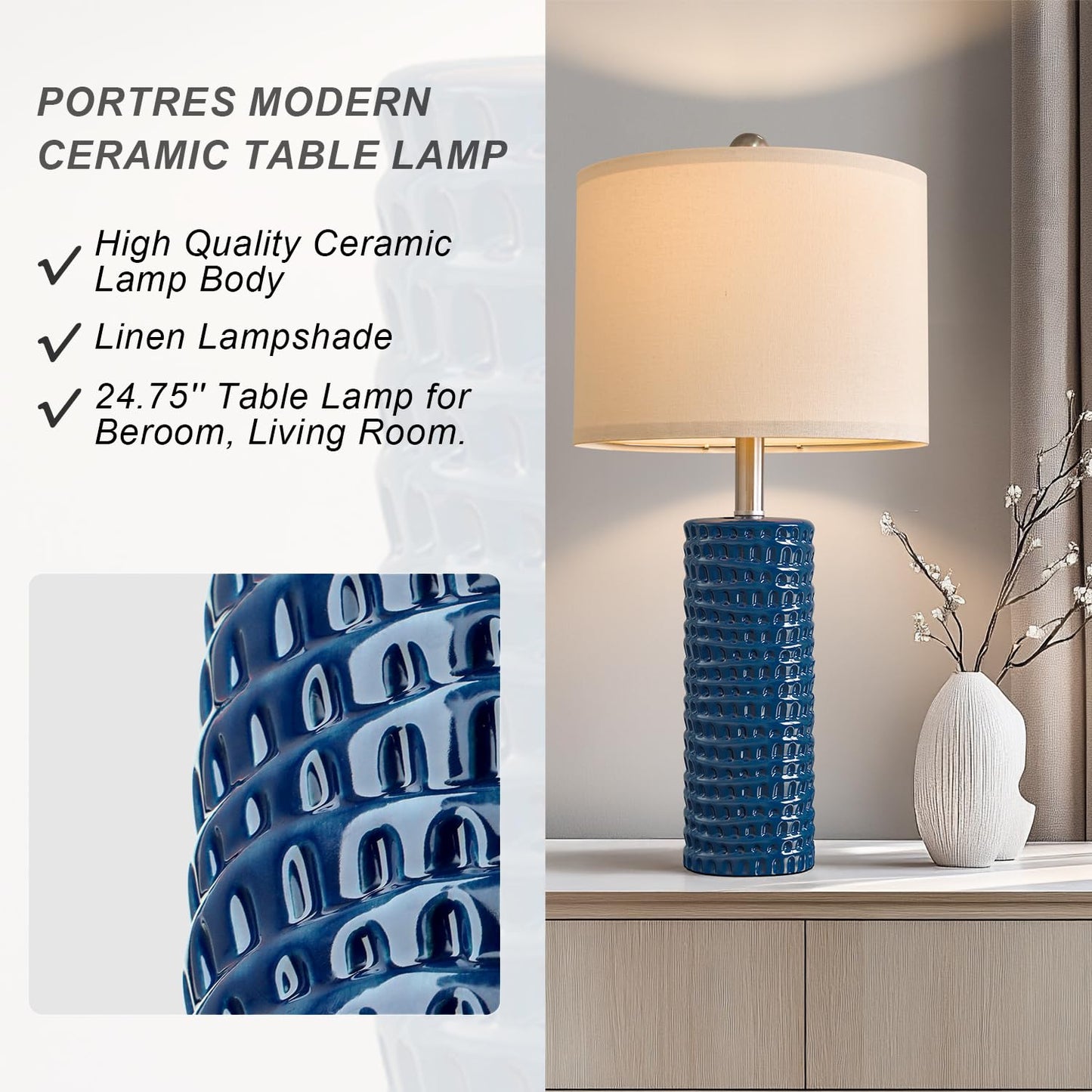 PORTRES 24.75" Modern Accent Ceramic Table Lamp Set of 2 for Bedroom Desk Decor Bedside Lamps for Living Room Study Room Office Dorm Farmhouse Nightstand Lamp End Table Lamps (Blue)