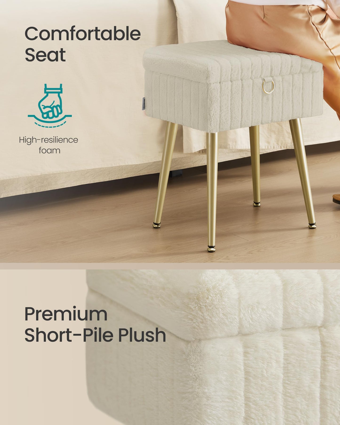 SONGMICS Vanity Stool Chair Faux Fur with Storage, Vanity Bench, Metal Legs, Adjustable Feet, for Living Room, Bedroom, Makeup Room, Cappuccino Beige ULOM505LZ02