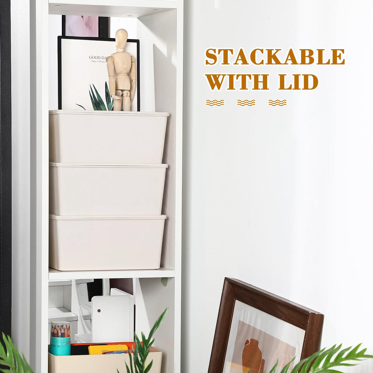 Menkxi 4 Pcs Storage Bins with Lids Plastic Stackable Containers for Organizing Shelves Christmas Ornament Box Baskets(Beige,Small)