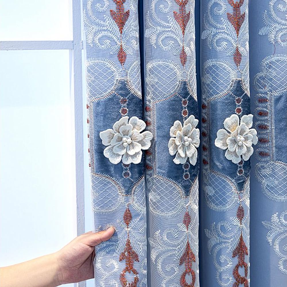 Amidoudou 1 Pair European Double Layer Curtains with Valance for Living Room Bedroom Luxury 3D Flower Embroidered Curtains (Blue,63x96 Inch)