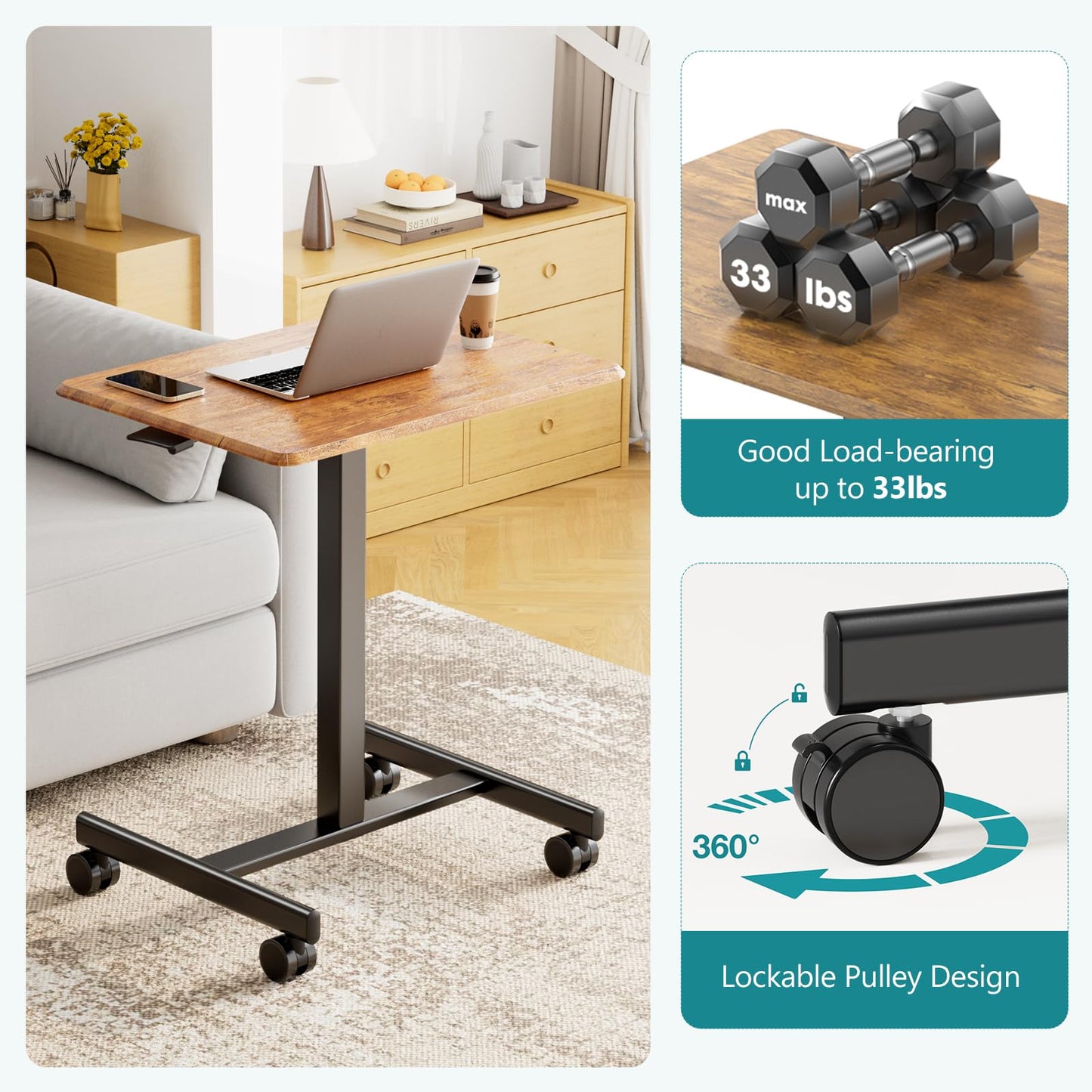 OLIXIS Small Standing Desk with Locking Wheels, Mobile Portable Rolling Laptop PC Table, Adjustable Height Computer Workstation for Home Office, 19 Inch, Brown