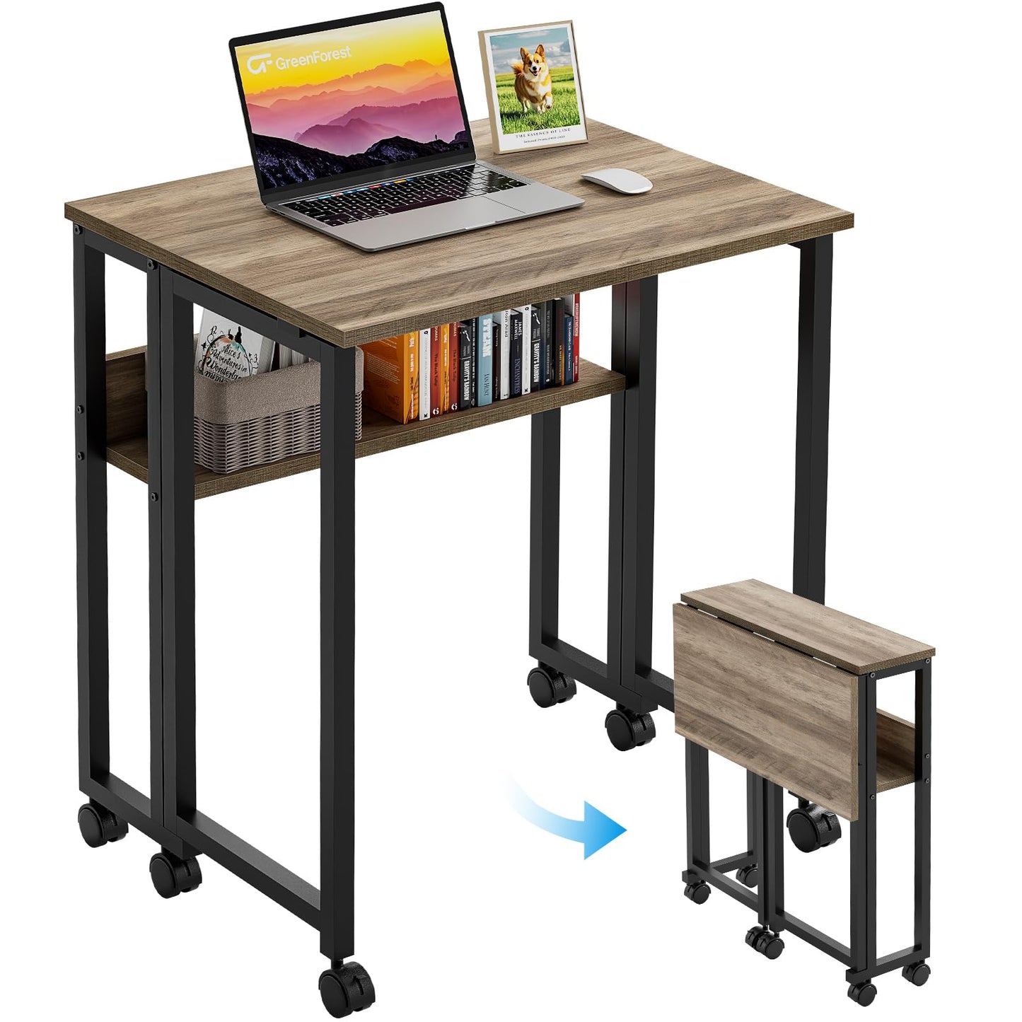 GreenForest Folding Desk with Wheels, 31.5 Inch Compact Rolling Computer Table with Storage Shelf, Portable Mobile Workstation for Small Spaces, Easy Assembly, Grey Wash