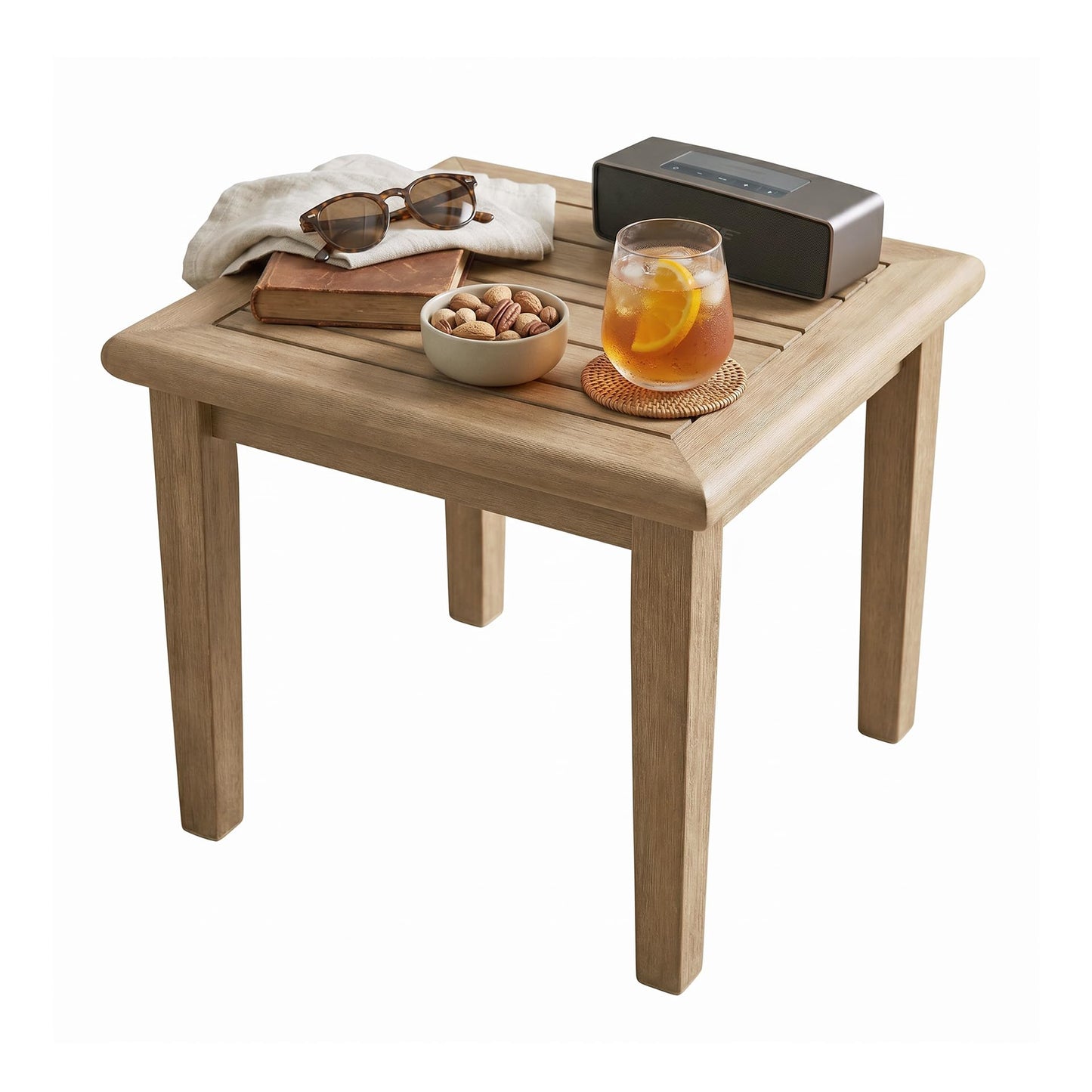 Signature Design by Ashley Gerianne Outdoor Square End Table with Slatting Styling and 5-Step Finishing Process, Eucalyptus Wood Frame, 22" High, Grayish Brown