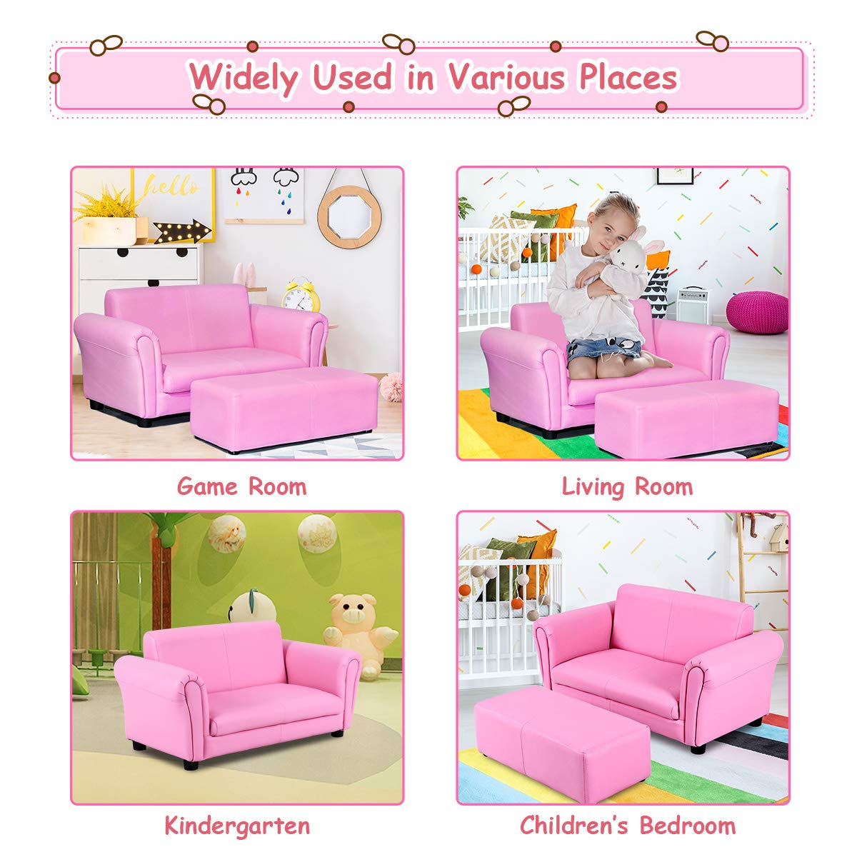 Costzon Kids Couch with Footstool, 2 in 1 Double Seat Children's Sofa w/PU Leather Surface, Armrest Chair Lounge, Soft Kids Sofa for Preschool Bedroom Kids Room Toddlers Boys Girls Birthday (Pink)