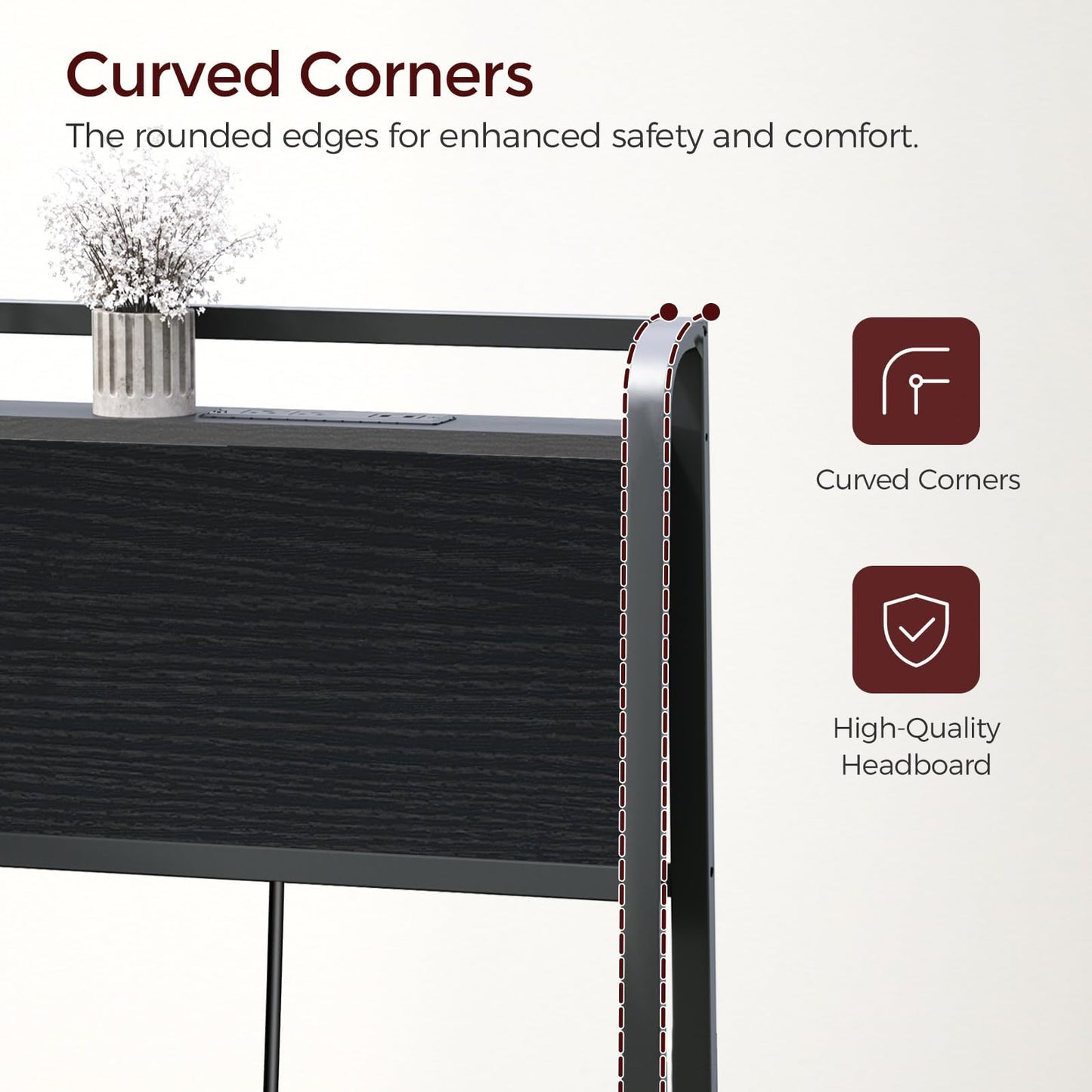 MAHANCRIS Headboard Queen Size Only, Headboard with 2 Power Strips, Industrial Head Board with Flip Door and Bed Frame Adapter, Height Adjustable, Black
