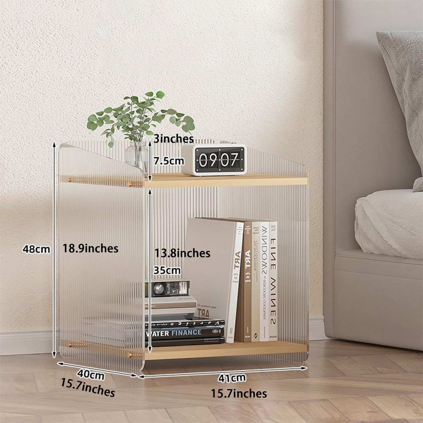 Acrylic and Wood End Table with 2-Tier Storage, Side Table for Couch Dinner Coffee Drink Table TV Snack Tray Modern Minimalist Nightstand for Living Room, 18.9 Inch, Clear (Wood)