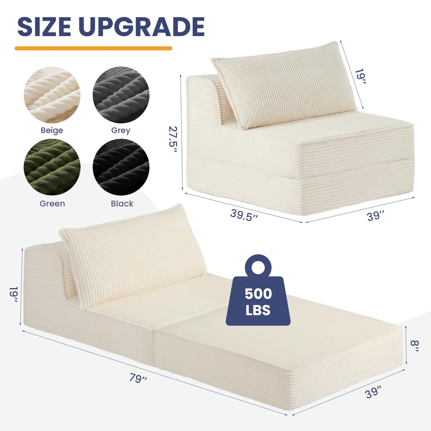 Erament Folding Sofa Bed, 8" Convertible Sleeper Sofa Fold Out Chair Bed with Pillow, Portable Floor Couch Lounge Sofa for Living Room Bedroom Guest Room, Beige