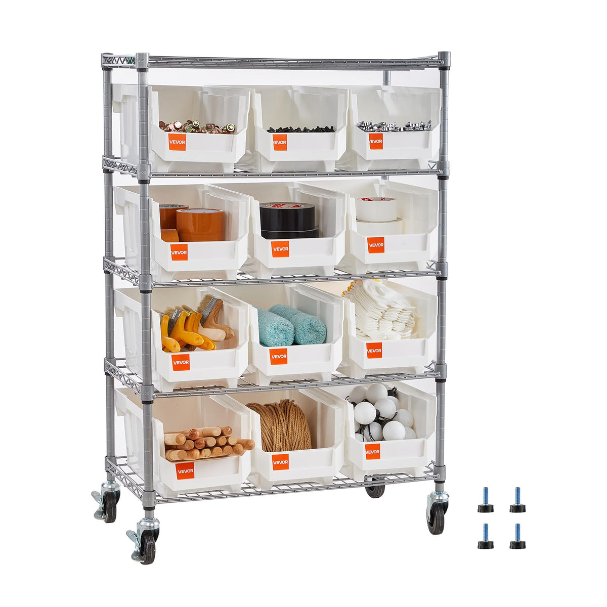 VEVOR 5-Tier Rolling Bin Storage Rack, 12 Organizer Bins, Bin Rack Storage Steel Wire Shelving System with Wheels, Mobile Tool Organizer for Garage, Warehouse, Office, Restaurant, Classroom, Kitchen